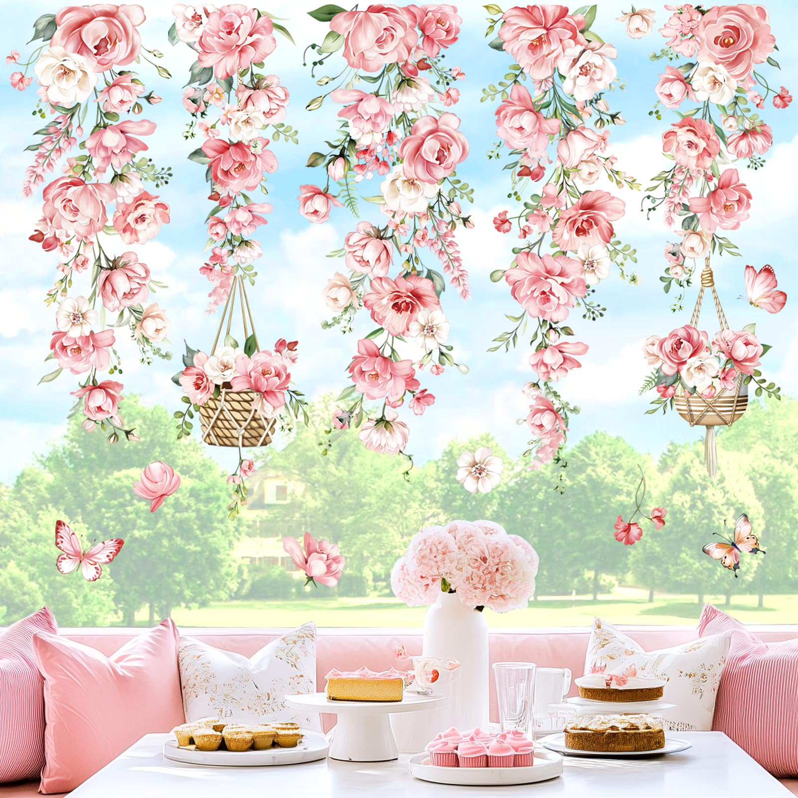 decalmile Hanging Flower Vine Double Sided Window Clings Pink Peony Floral Window Decals Anti-Collision Glass Window Doors Window Stickers