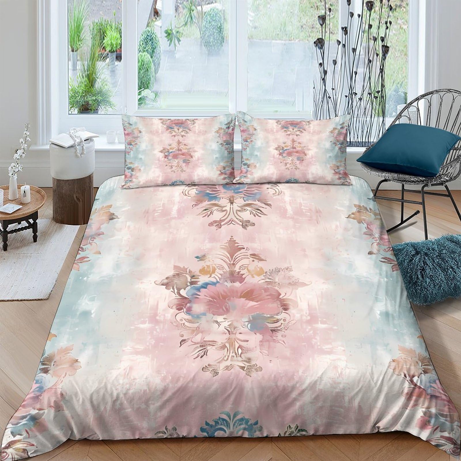 GPLZQXKJNH 3D Printed Pastel Floral Duvet Cover Microfiber Soft Skin-Friendly Watercolor Bedding Set with 2 Pillowcases for Bedroom Home Décor Single（135x200cm）