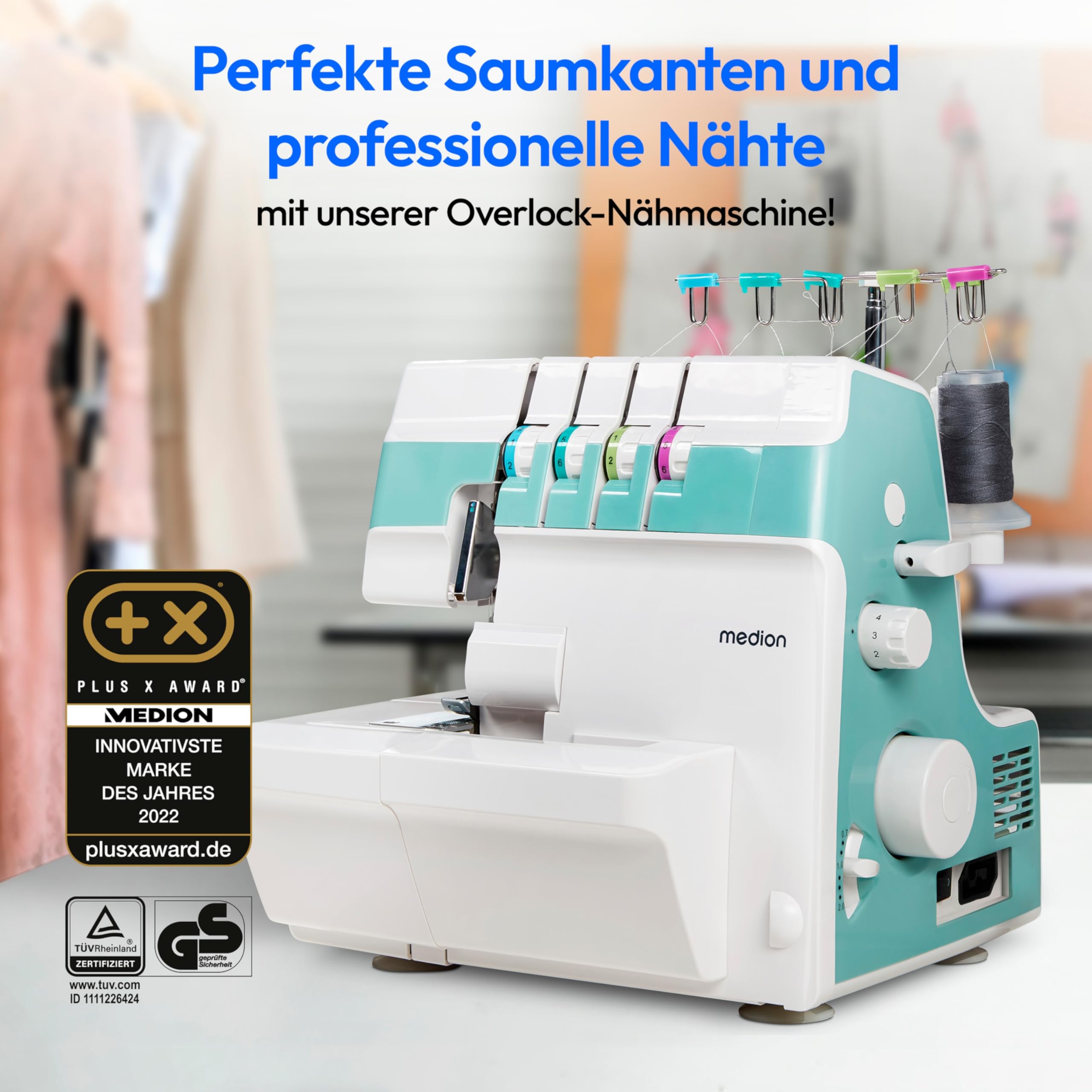 MEDION Overlock Nähmaschine SO90 (elektrisch, 90 Watt, LED Licht, mit einem Arbeitsgang schneiden, umfangreiches Zubehör, MD19169) türkis