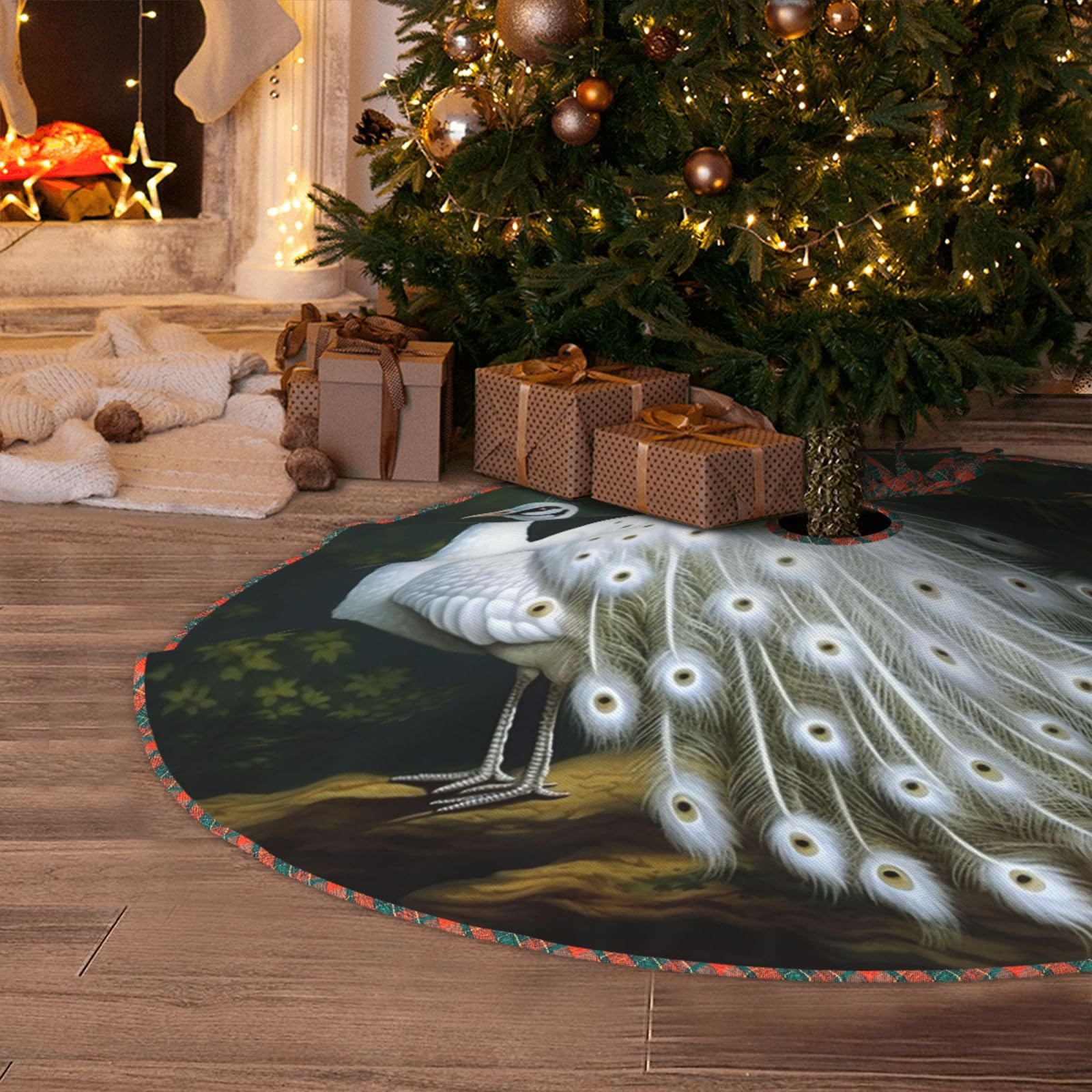 White Peacock Christmas Tree Skirt 48" Artificial Tree Mat Cover Merry Christmas Burlap Xmas Tree Skirt for Christmas Decoration Holiday Indoor Outdoor Winter Party Decor