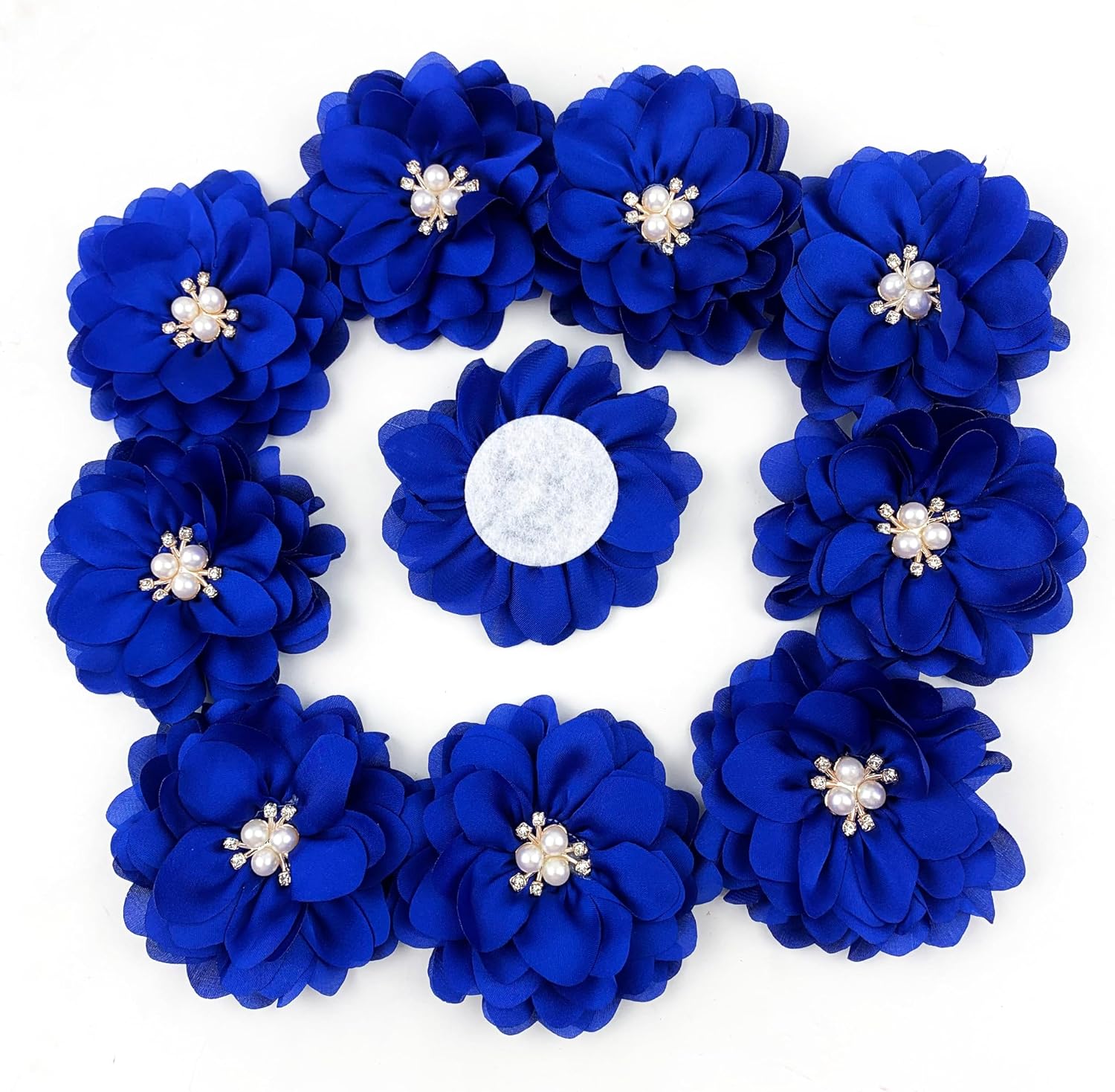 Heyiwell 10PC Royal Blue Large Chiffon Fabric Flower Rhinestone Cluster Flat Back for Wedding Party Decor, Gift Wrapping, Clothing Hair Accessories DIY Craft 3.2" Inch image 4