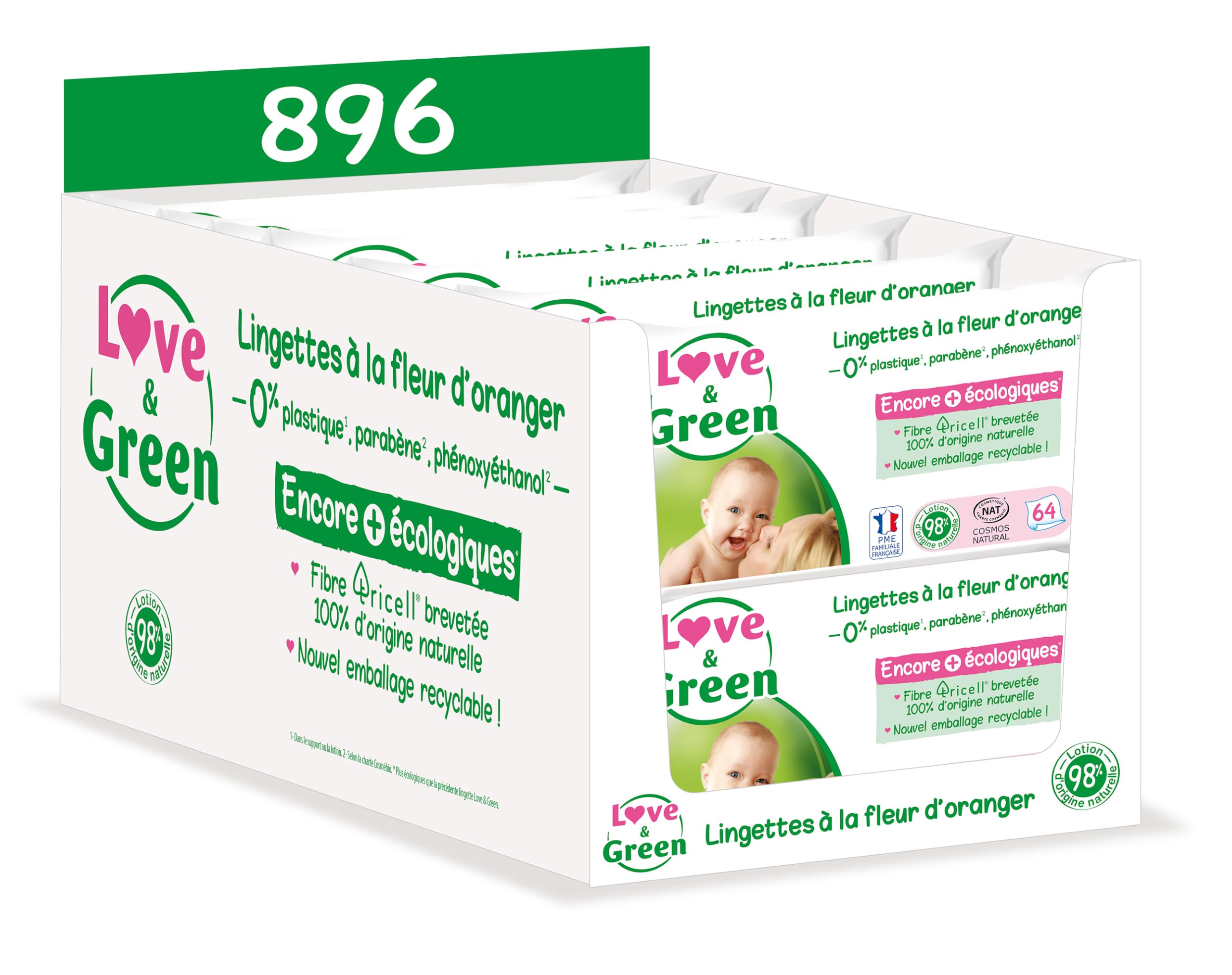 LOVE & GREEN - Lingettes Saines et Ecologiques à la Fleur d'Oranger - Fibres 100% d'Origine Naturelle - SANS Plastique -Testées sous contrôle dermatologique - Pack de 14x 64 lingettes (896 lingettes)