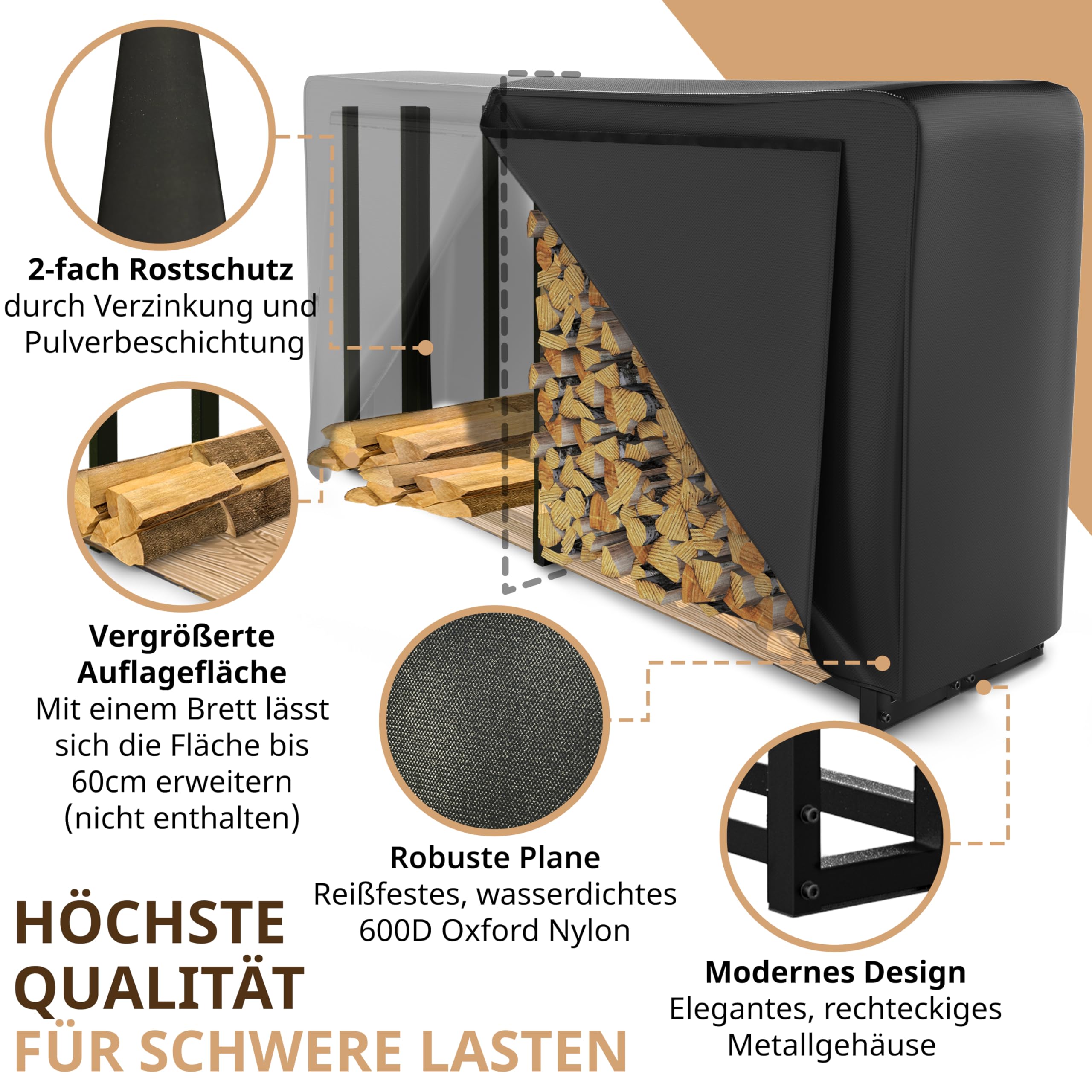 Kaminholzregal aussen Metall 2 Stück 223 × 115 x 25cm I = 50cm tief I verzinkt mit 1x 61cm Abdeckplane – Kaminholz Regal Holzunterstand draußen Stapelhilfe für Brennholz Garten I Terrasse schwarz | 223 × 115 × 25 cm, Schutzhülle 61 cm, wetterfest, Aufbewa