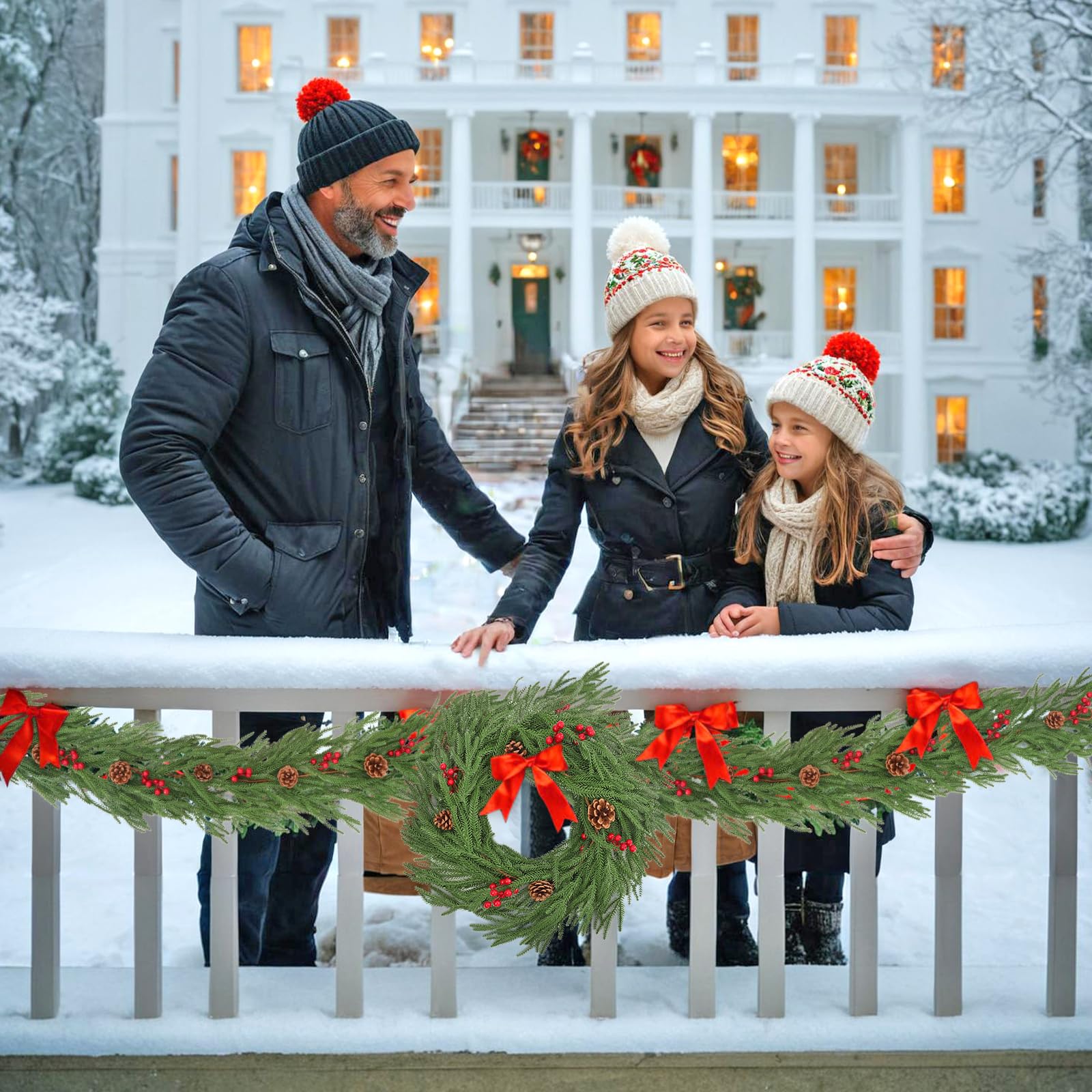 Lot de 2 guirlandes de Noël de 1,8 m avec Baies Rouges et Pommes de pin artificielles pour Sapin de Noël, Maison, Vacances, décoration