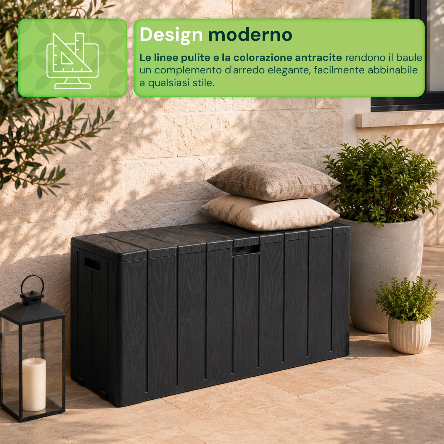 Baule Multiuso da Esterno e Interno 270 Litri in Resina Effetto Legno — Cassapanca Contenitore con Seduta, Antracite, per Giardino, Terrazzo e Casa