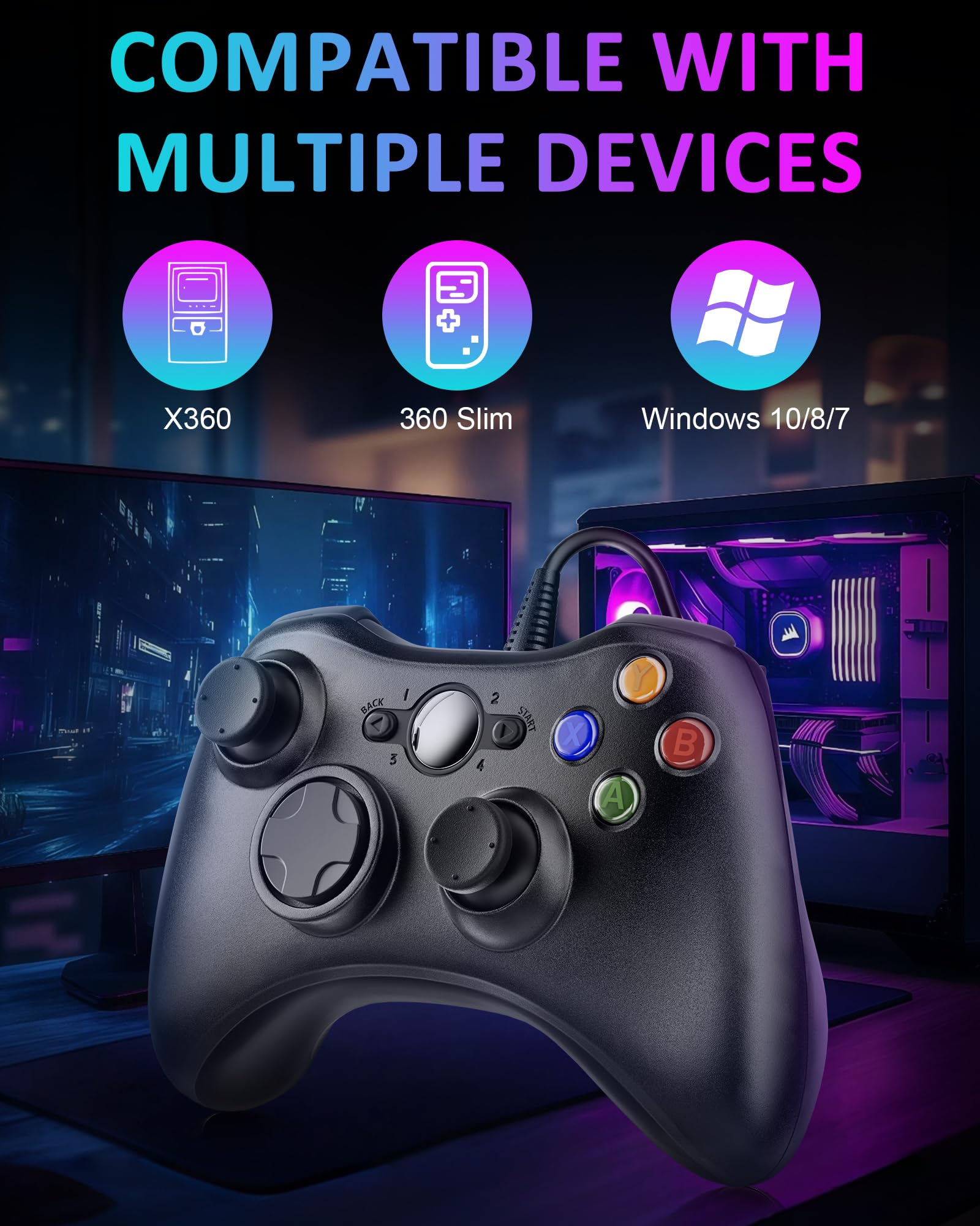 Suoxiom 2 Pack Wired Controller for Xbox 360 PC, USB Gaming Gamepad with Ergonomic Design, Plug & Play Dual Vibration Controller Compatible with Xbox 360 & Windows 10/8/7/XP — view 2