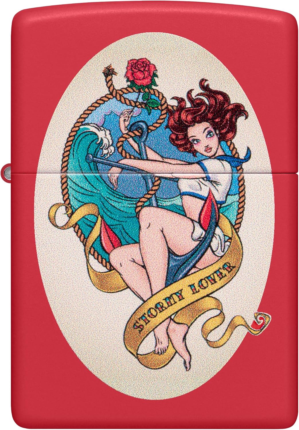 Zippo Lighter: Stormy Lover Tattoo, Pin-up Girl - Red Matte 46058