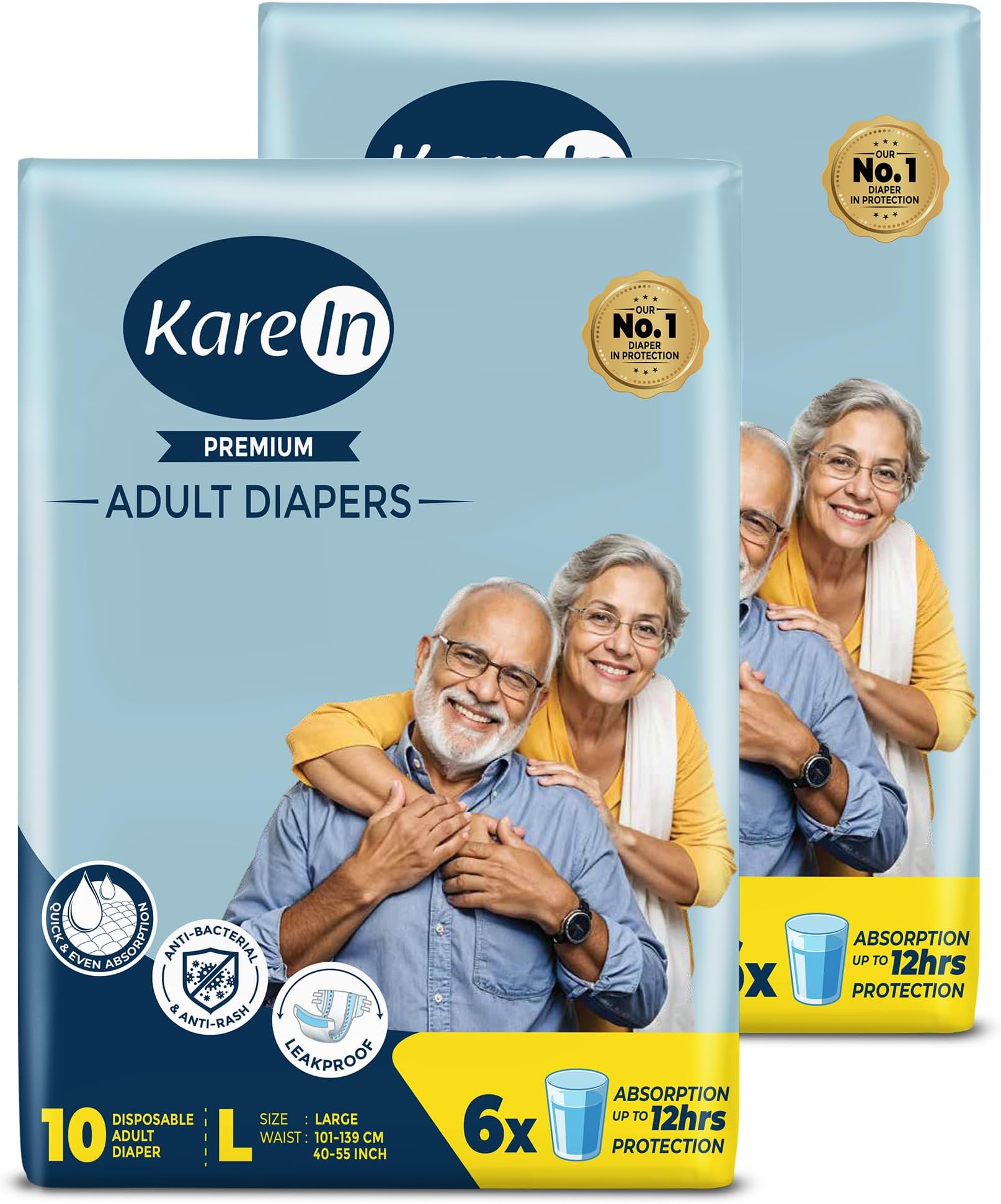 KareIn Premium Adult Diapers, Large, Waist Size 101-139 Cm (40"-55"), 20 Count, Tape Style, Unisex, High Absorbency, Leak Proof, Wetness Indicator, Pack of 2,