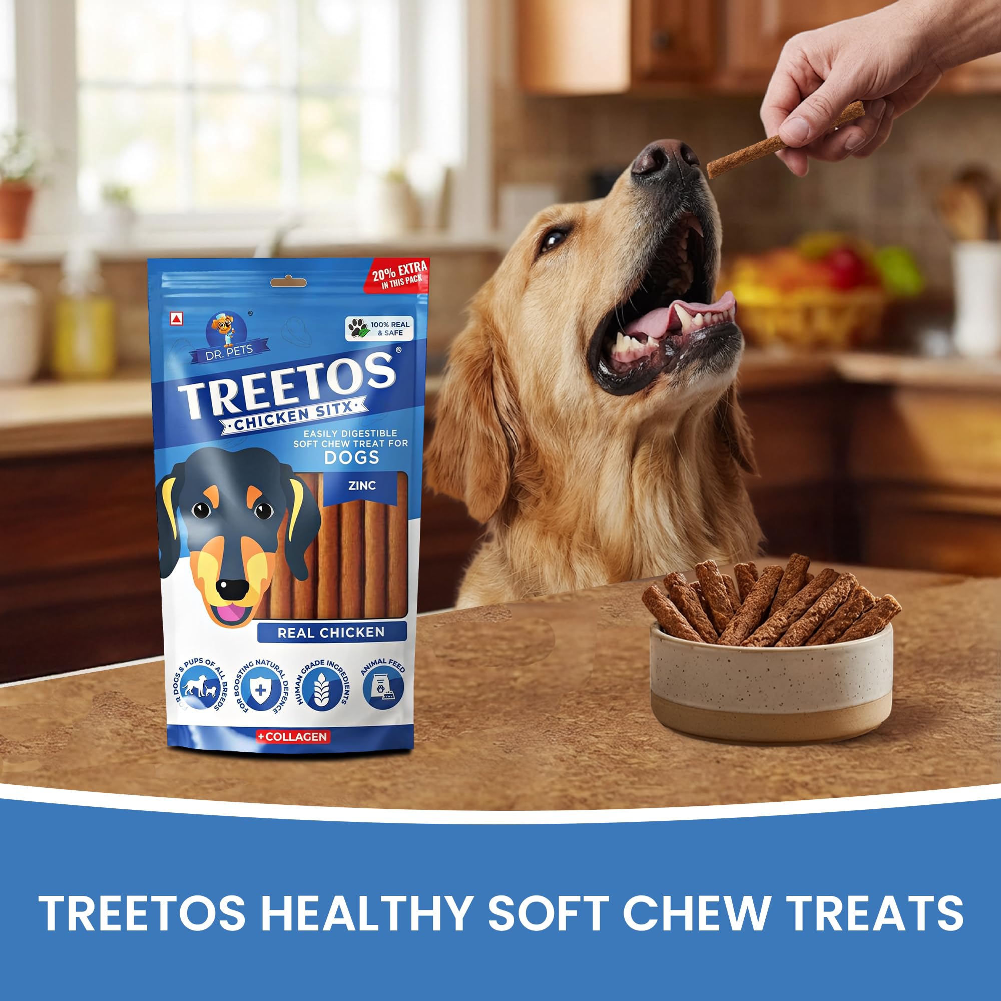 Dr. Pets Pack of 10 (85g Each) Treetos Real Chicken Dog Treats Soft Chew Sticks | Zinc & Collagen Enriched Dog Snacks | Easy to Digest Training Treats | Skin & Coat Support