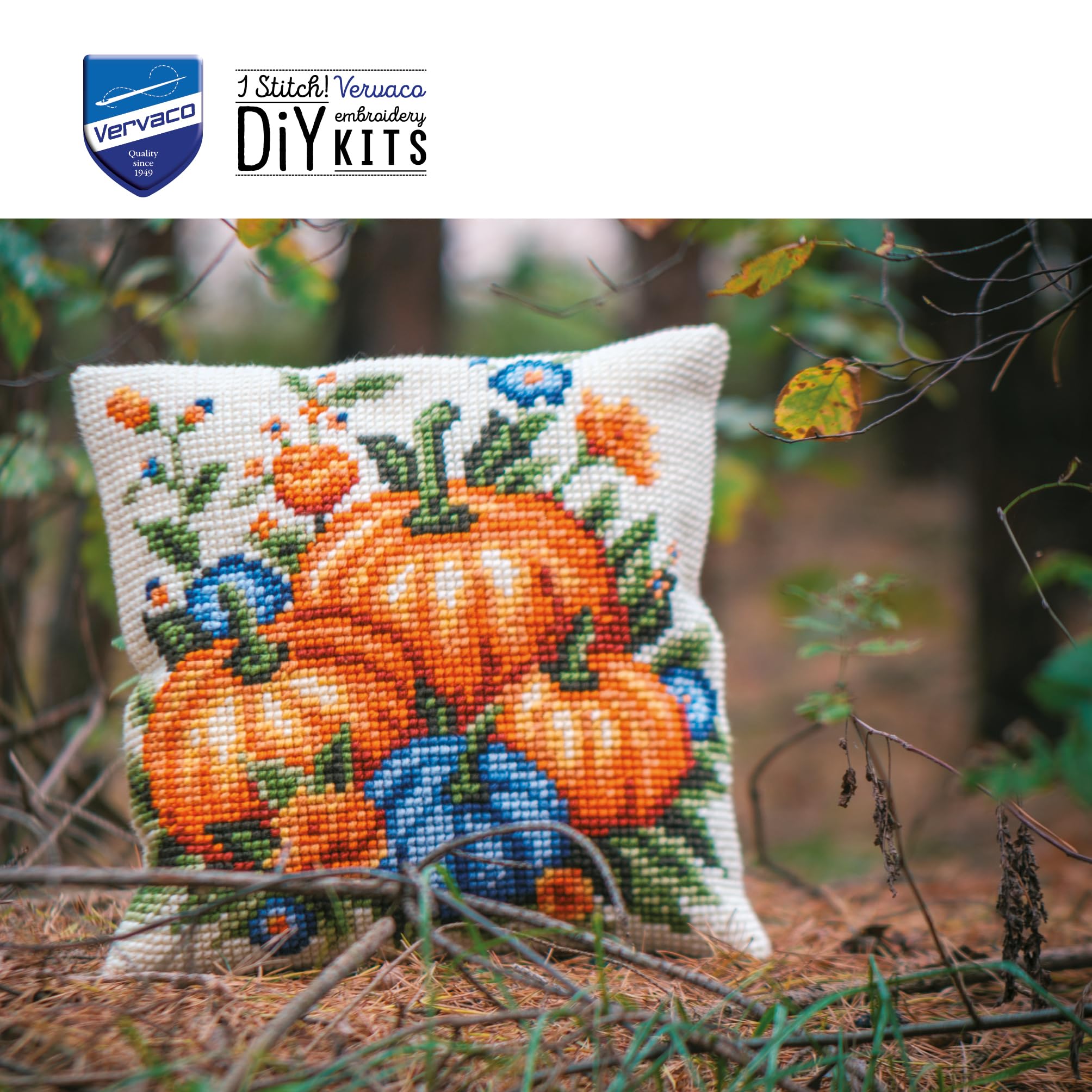 VERVACO Point De Croix Kit Coussin Complet Set Citrouilles Decoration Manuelle Broderie Kit Adulte Art Creatif Cadeau DIY 40 x 40 cmCross Stitch Embroidery
