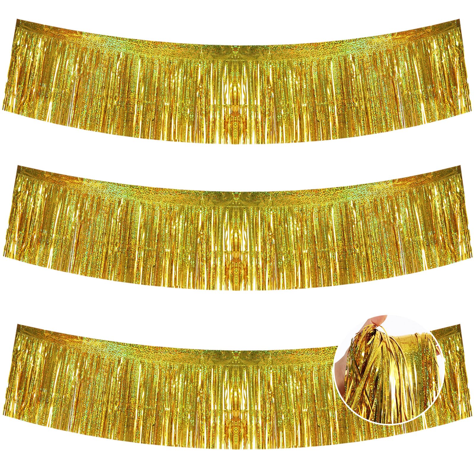BEISHIDA Laser Gold Fringe Garland Banner 30ft Wall Tinsel Foil Streamers