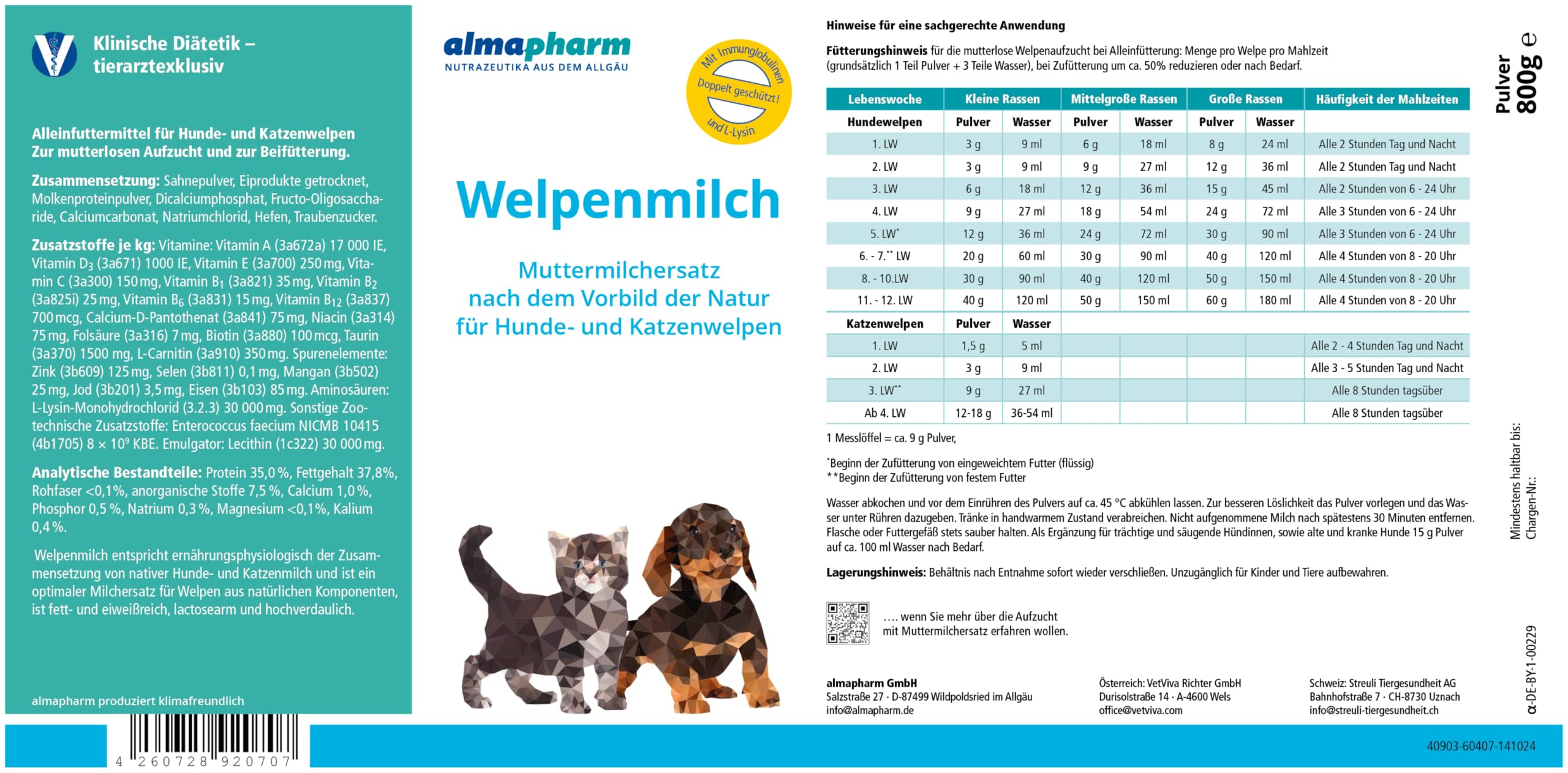 almapharm Welpenmilch | 800 g | Alleinfuttermittel für Hunde- und Katzenwelpen | Zur mutterlosen Aufzucht und Beifütterung | Mit Milchsäurebakterien und Fructo-Oligosacchariden