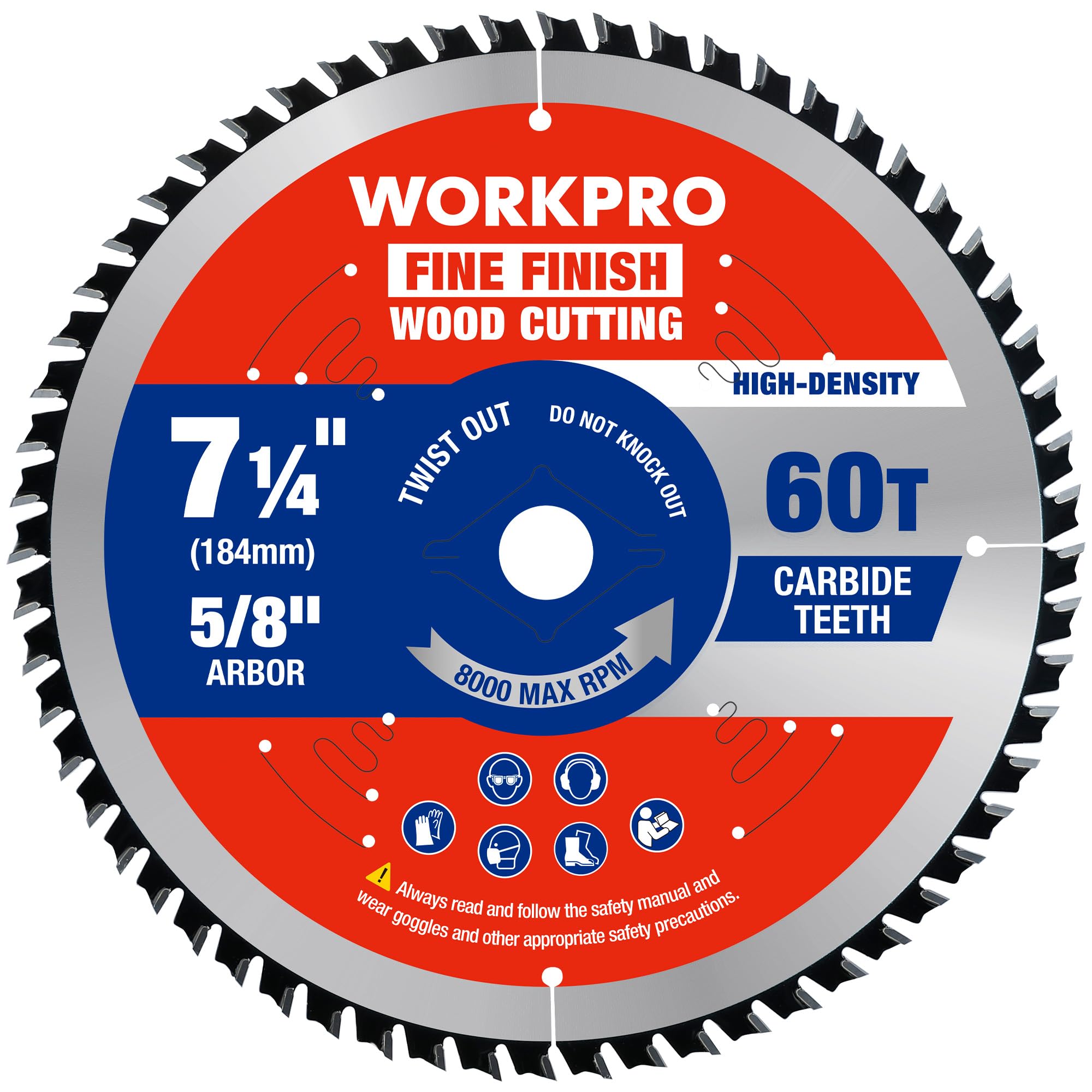 workpro 7-1/4 inch woodworking circular saw blade, 60t fine finish plywood cutting, thin kerf, carbide tipped, atb tooth, 1-pack