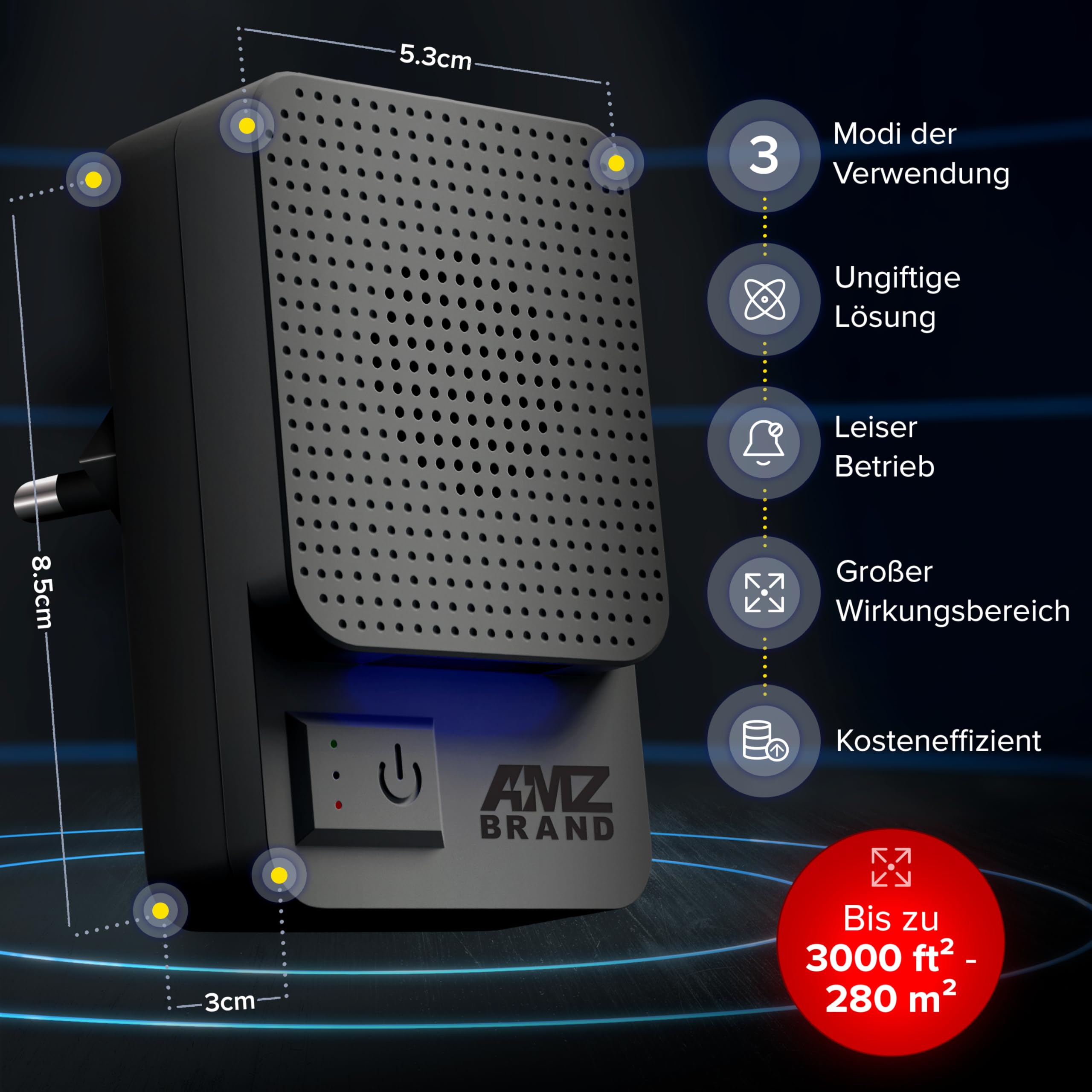 AMZ BRAND Ultraschall Schädlingsbekämpfer 2er Pack - Leistungsstarker Mäusevertreiber - 3 Arbeitsmodi - Breites Frequenzspektrum - Ideal für Mäuse, Ratten, Mücken, Kakerlaken, Motten, Ameisen