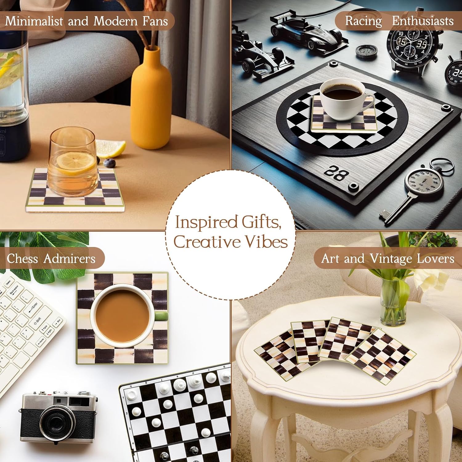 Square Balck and White Chekered Drink Coasters, Ceramic Coasters Set of 4, Absorbent Coaster with Anti Slip Cork Back, Black and White Plaid Racing Cup Coaster, Chessboard Coffee Table Cup Mat