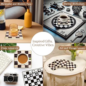 Square Balck and White Chekered Drink Coasters, Ceramic Coasters Set of 4, Absorbent Coaster with Anti Slip Cork Back, Black and White Plaid Racing Cup Coaster, Chessboard Coffee Table Cup Mat