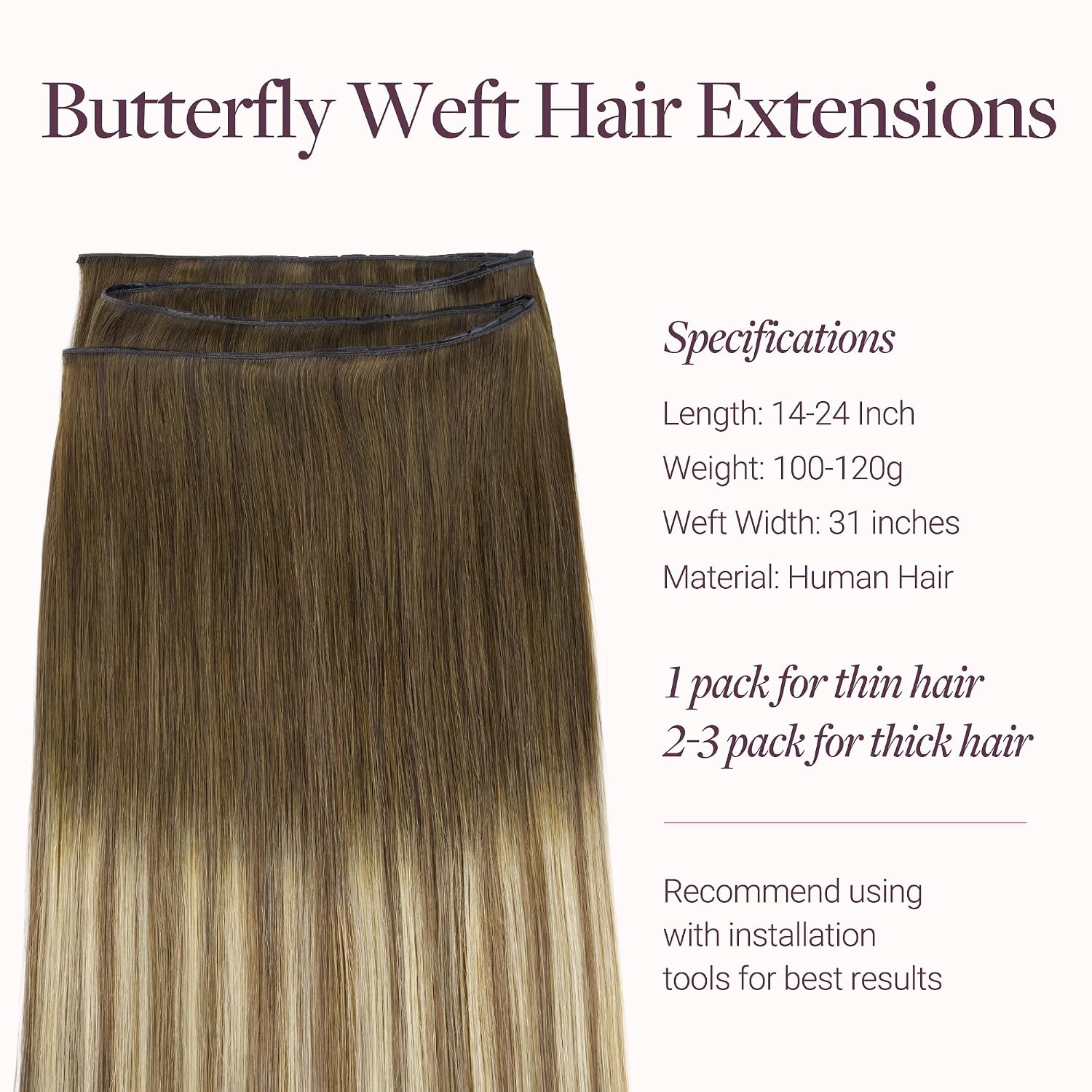 GOO GOO Butterfly Weft Hair Extensions Human Hair, Invisible Double Genius Weft, 3/8/613 Balayage Walnut Brown to Ash Brown and Bleach Blonde 18 Inch 100g, Flat No Bulk Easy Install at Home for Women