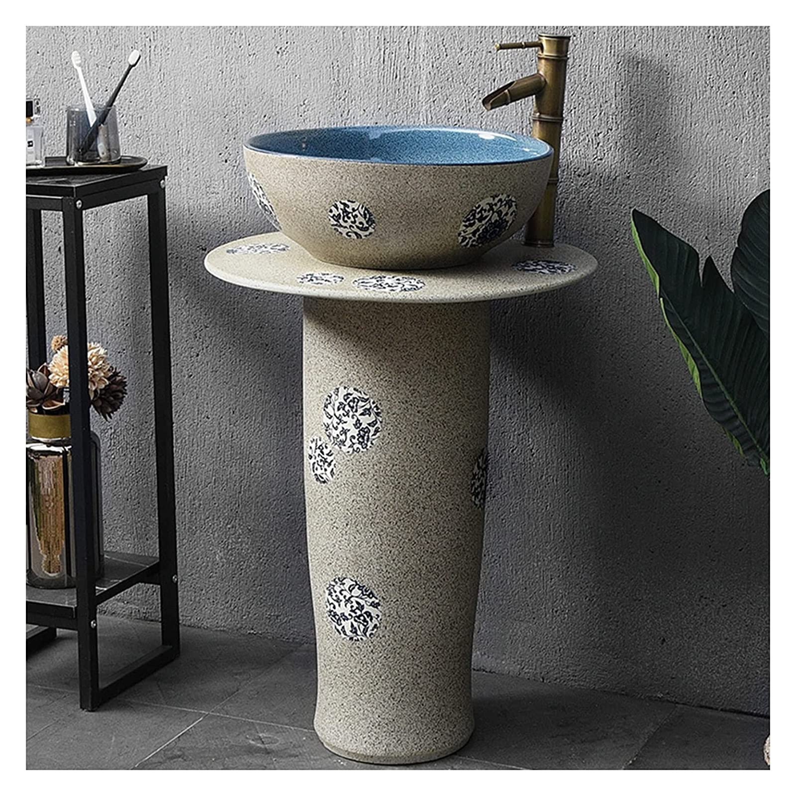 WDSOPK Freestanding Pedestal Sink Hotel Art Basin, Bathroom Freestanding, Sink, Kaolin Clay with Drain Installation Hole, for Indoor and Outdoor (A Without Mirror)