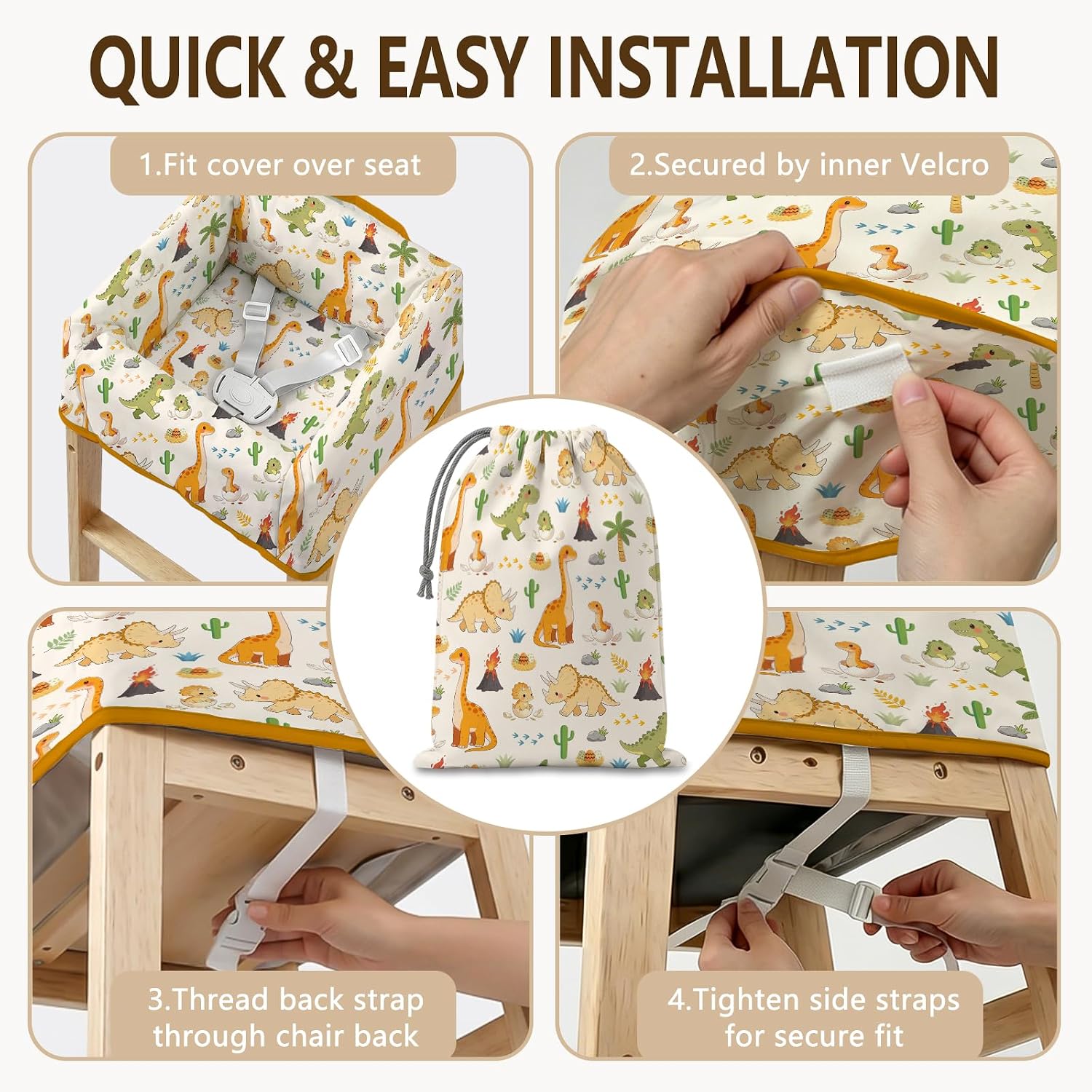 Dinosaur Baby High Chair Cover for Son and Daughter, Highchair Cover with 3-Point Harness and Strap Pads for Restaurant Travel, Home, Waterproof Seat Cover Gift for Friend Family