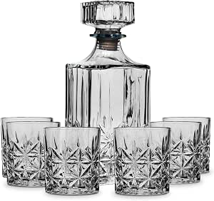 American Atelier Fifth Avenue Whiskey Decanter Set - 7-Piece Lead-Free Glass With 6 Tumblers