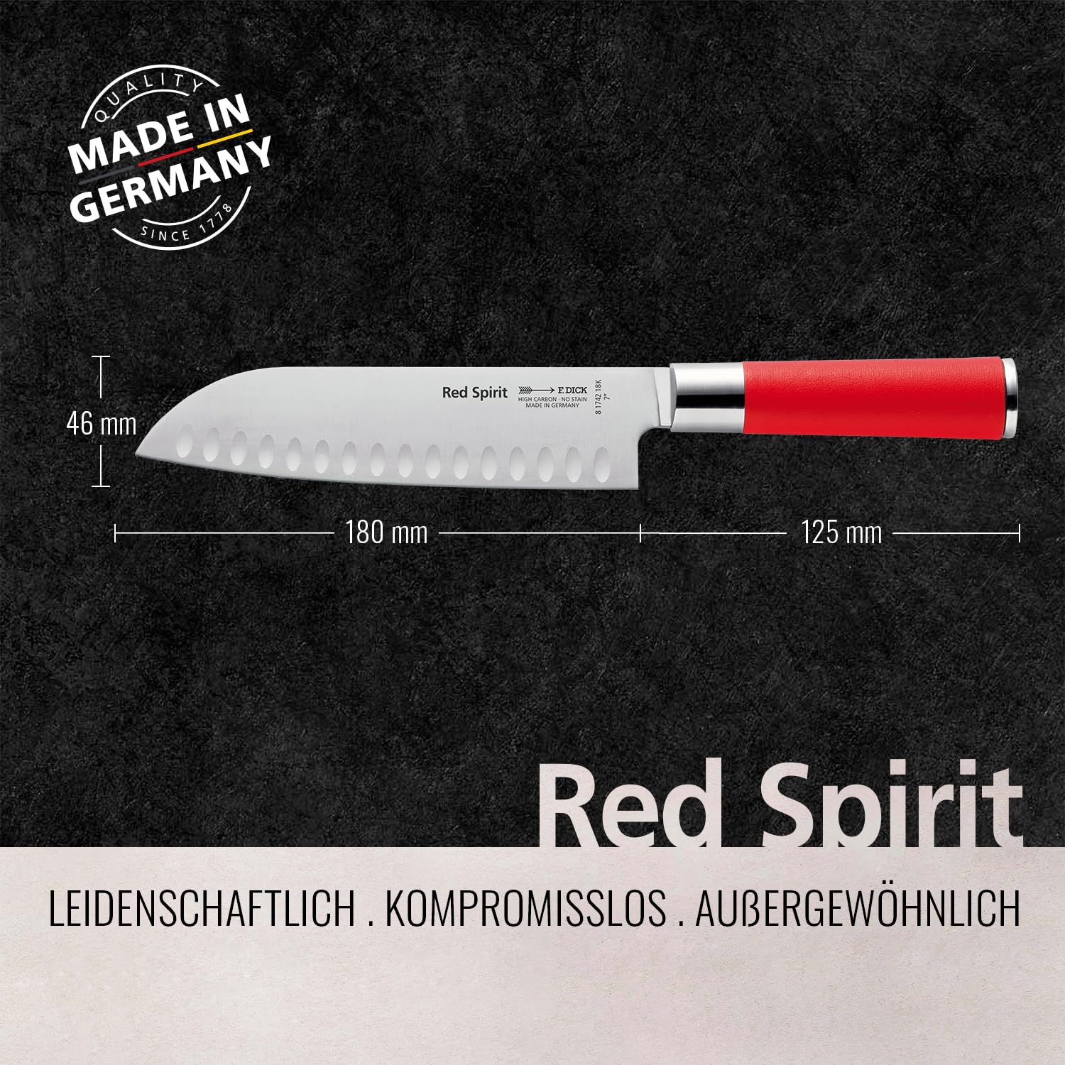 F. Dick Santoku, Küchenmesser, Red Spirit (Messer mit Klinge 18 cm, X55CrMo14 Stahl, nichtrostend, 56° HRC) 8174218K