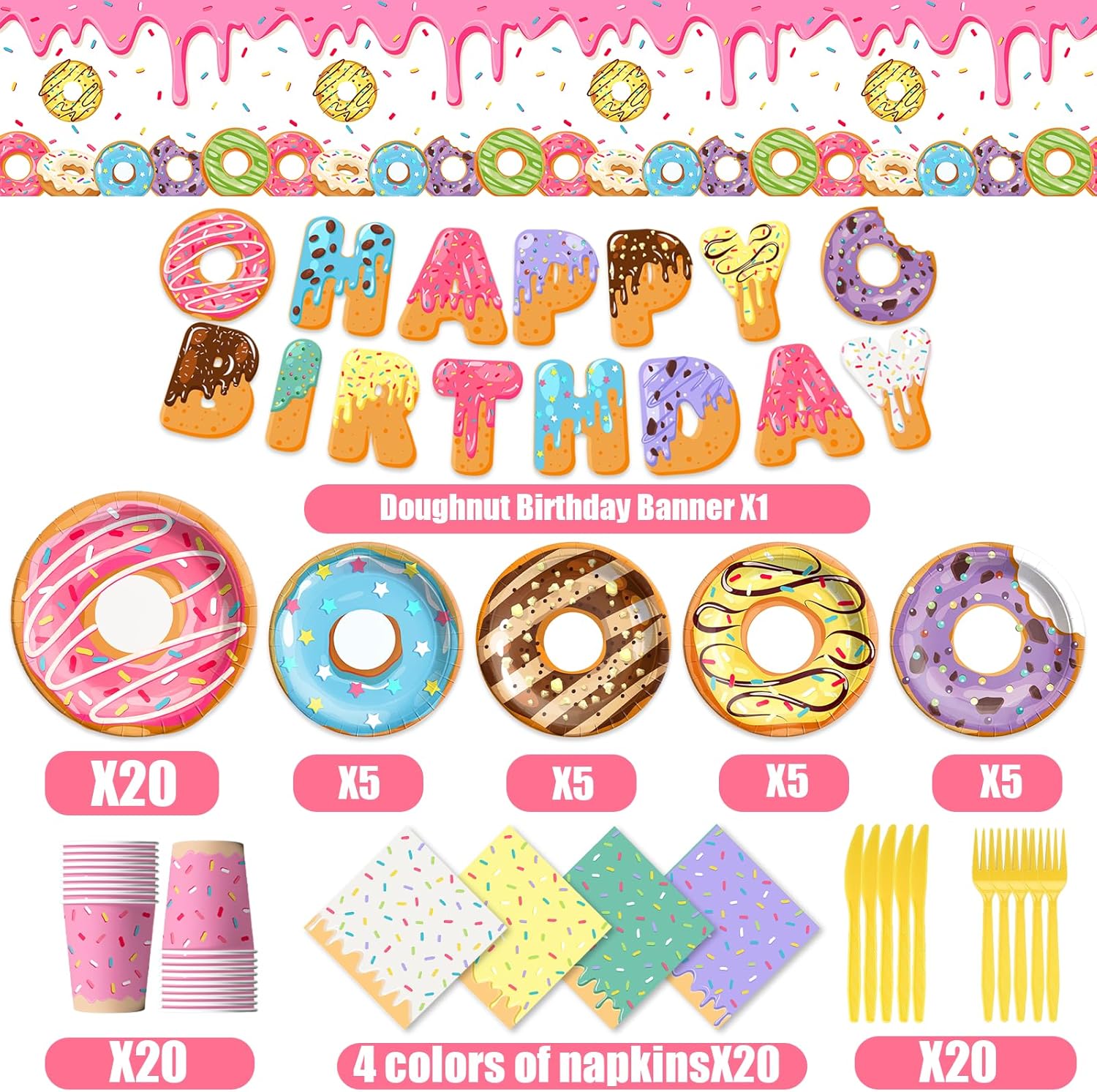 Donut Grow Up Party Supplies 142Pcs Sweet Birthday Party Decorations for Girls Includes Plates, Napkins, Cups, Tablecloth, Banner for Donut Party Decorations Serves 20 - Image 4