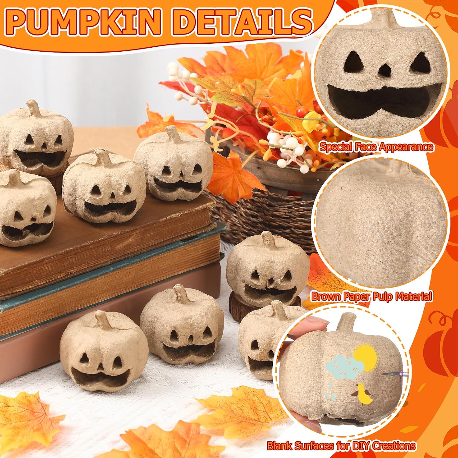 Watersay 24 Pcs Small Paper Mache Pumpkins Bulk Halloween Craft Pumpkins to Paint Decorating Unfinished Carved Face Halloween DIY Craft Projects for Fall Thanksgiving Party Decorations