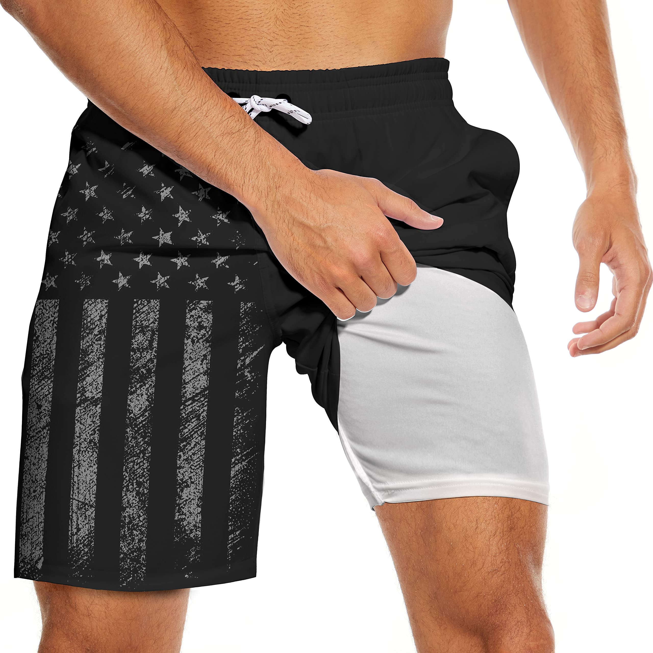 TNHUBlack Mens Swim Trunks with Compression Liner American Flag Men Swimming Trunks Board Shorts Swimwear 7 Inch Inseam