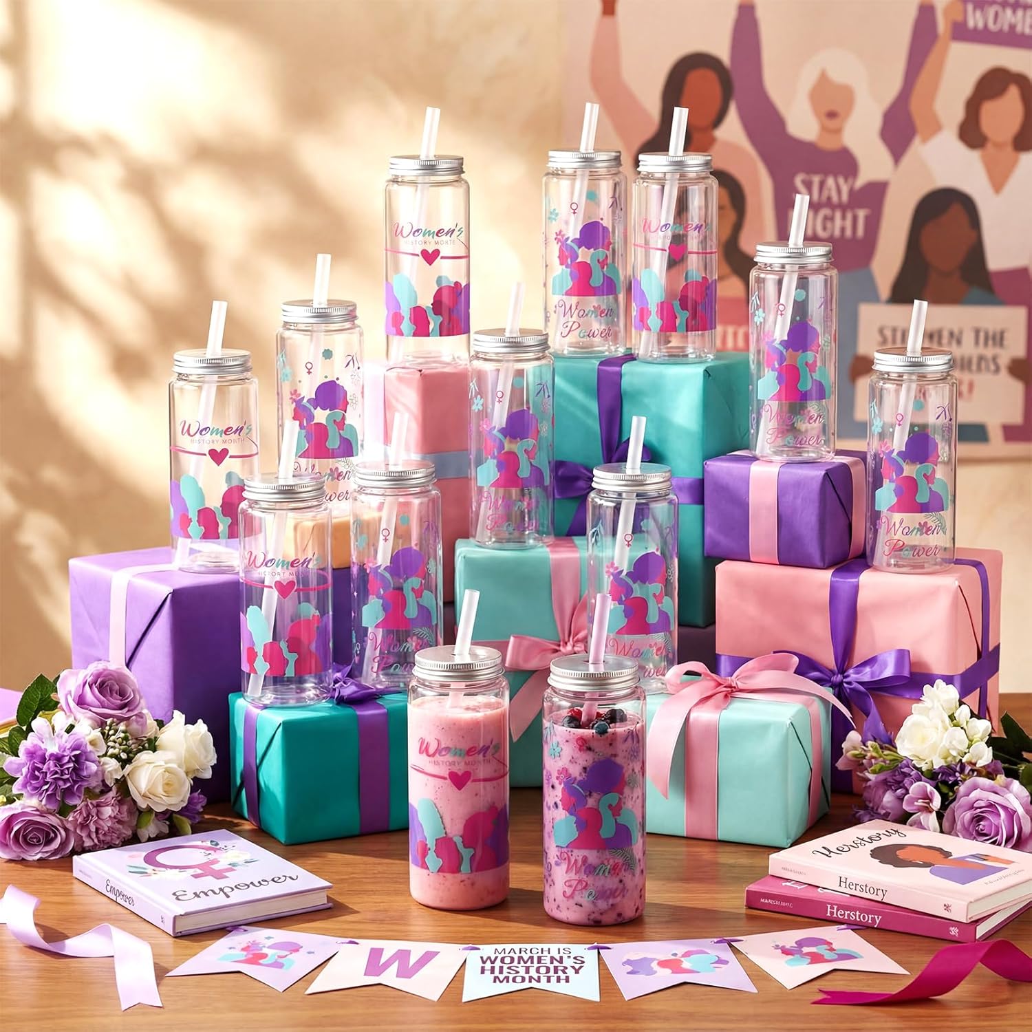 Skylety 24 Pcs Women's History Month Gifts Bulk, Women's History Month 14 oz Plastic Cup with Lids and Straws Inspirational Reusable Cups WHM Feminism Woman Power Gift for March Offices Female - Image 4