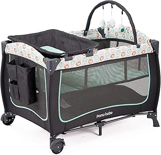 Pamo Babe Deluxe Nursery Center ,Portable Playard with Bassinet,Changing Table and Toy bar with Soft Toys(Green)
