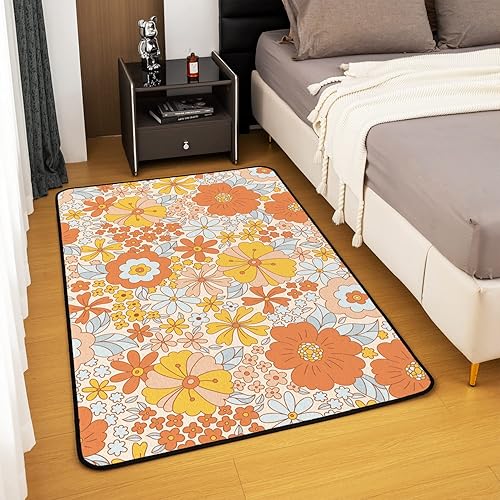 Miniatura 4 de Alfombra de área de flores hippie de 5 x 7 pulgadas, 60S y 70S, con flores retro, para sala de estar, dormitorio, decoración del hogar, flores