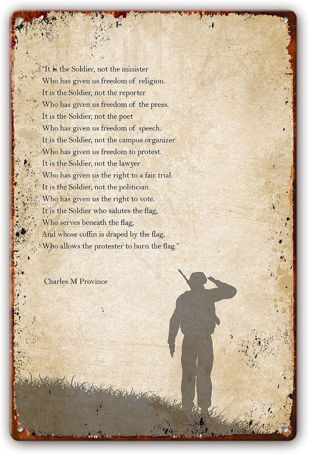 Preeklen Tin Sign 050 It Is The Soldier Poem Wall Art Retro Tin Signs Charles M. Province Quotes Wall Art Poetry Posters Decor For Bathroom Printing Pictures For Kitchen Artwork For Office 8X12 Inch