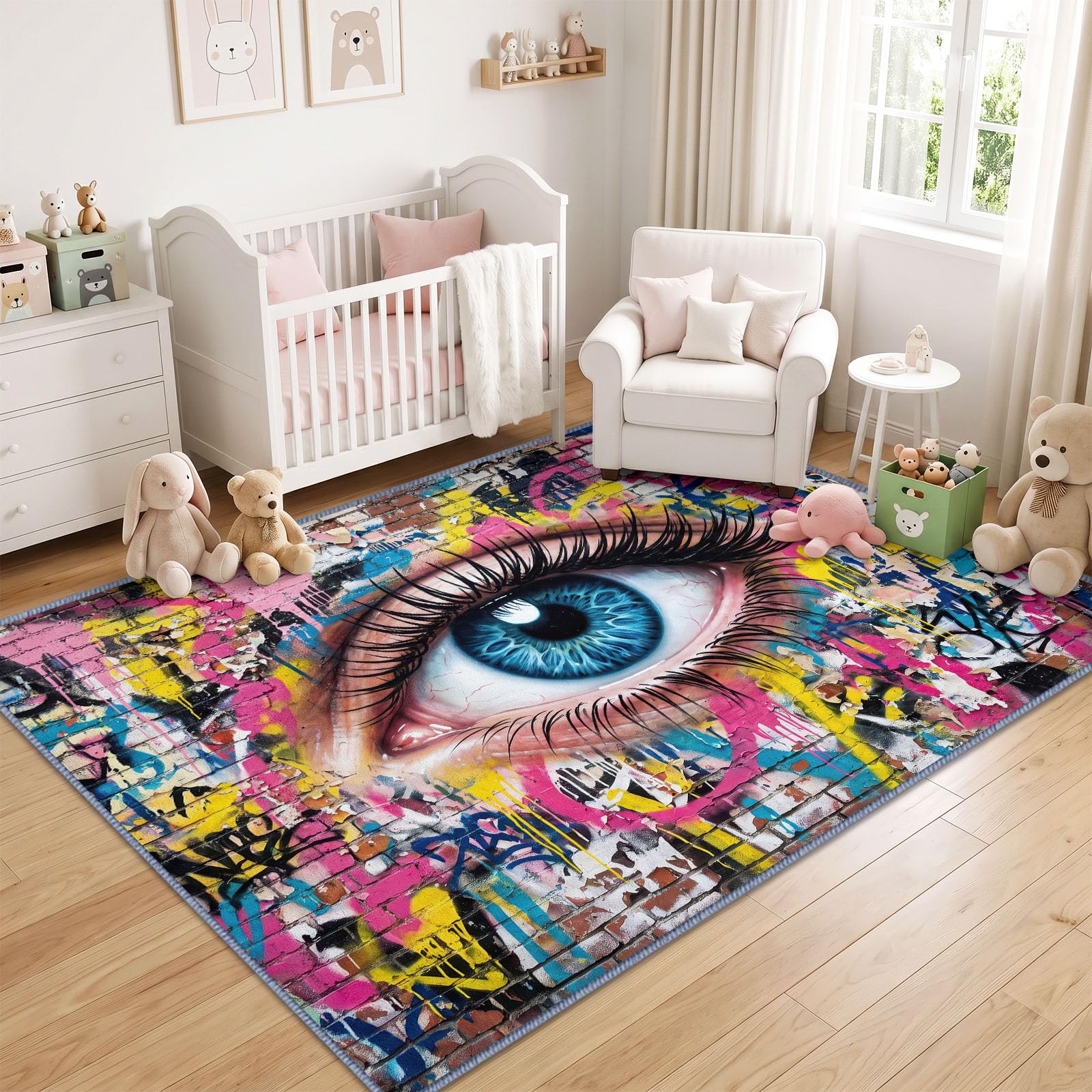 Generisch Menschliches Auge Graffiti Waschbarer Teppich Wohnzimme 160x235 cm, Weich Kurzflor rutschfest Modern Surreal Mode Trendig Teppich für Schlafzimmer Esszimmer Büro