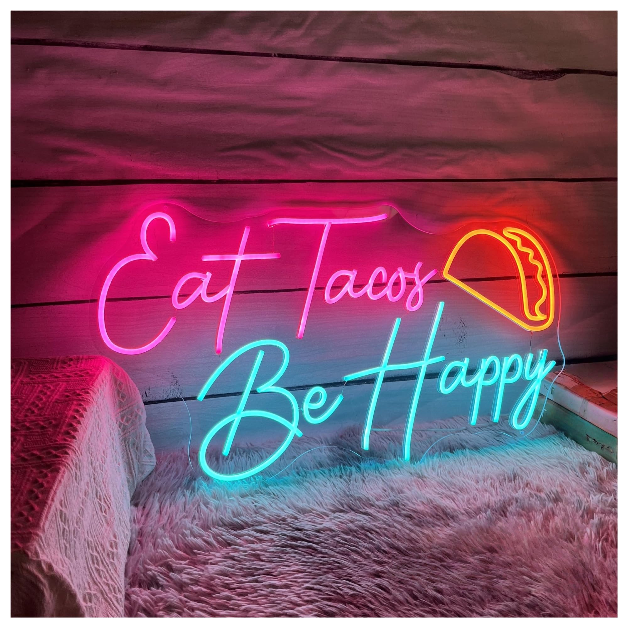 SHOUXI Sign Lamp Eat Tacos Be Happy Neon Sign, Restaurant Light for Kitchen Wall Taco Party Decoration 27cmx50cm(B)