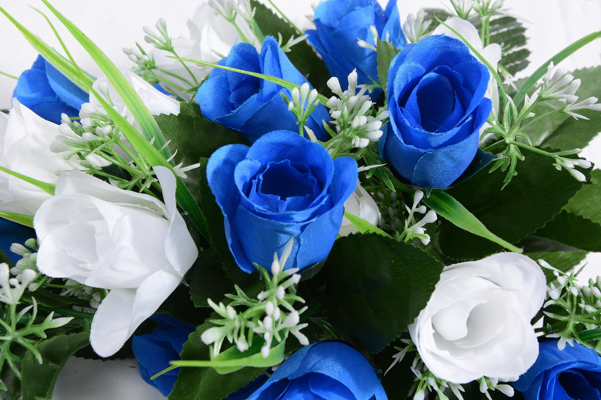 SIFOEL Set of 2 Artificial Grave Memorial Flowers Cemetery Flowers Rose Bouquet with Vase for Cemetery Graveyard Headstones Decoration (Blue&White) - Image 3
