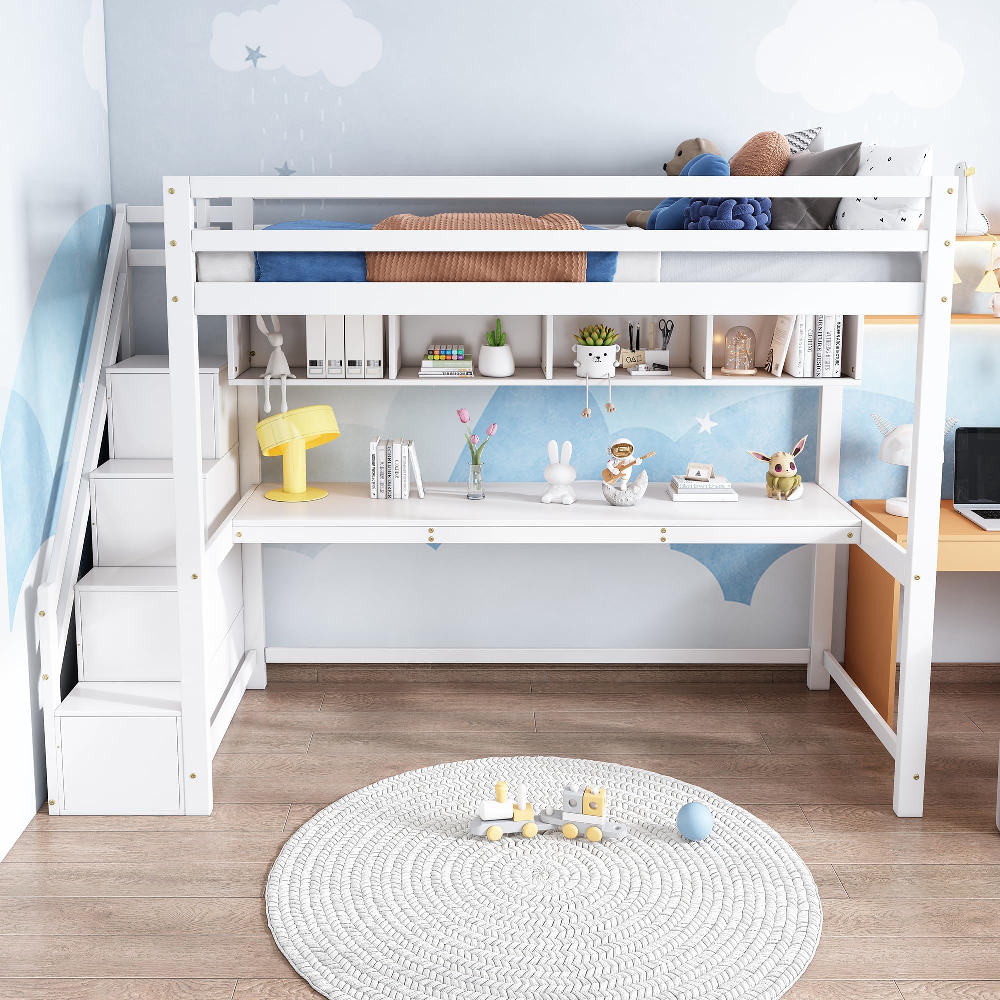 BTM 90 * 190cm Loft Bed, Single Bunk Bed with Large Desk and Shelves and Slatted Frame, Wooden Bunk Bed with Stairs, Kids Bunk Bed with Storage