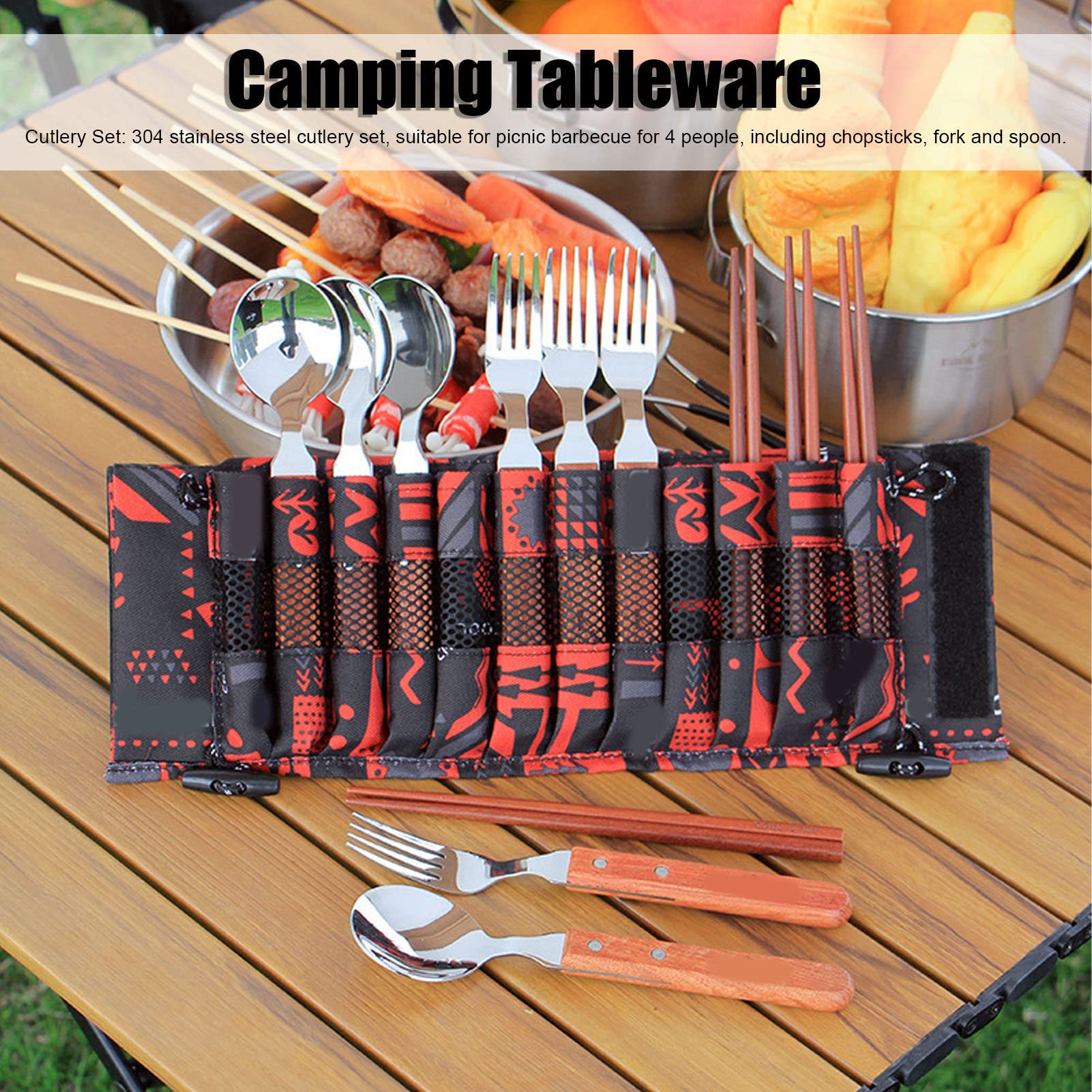 Besteckset aus Edelstahl mit Holzgriff, 12-teilig, für 4 Personen, 4 Gabeln, 4 Löffel, 4 Paar Essstäbchen mit Oxford-Tragetasche, tragbares Picknick- und Campinggeschirr