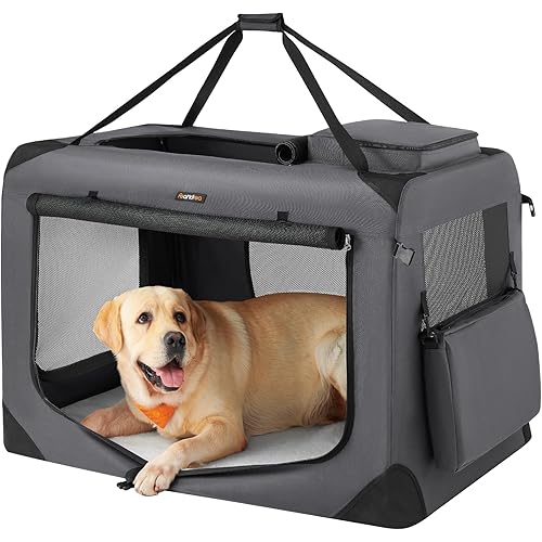 Feandrea 40 Inches Collapsible Soft Dog Crate, Portable Travel Dog Crate for Indoor and Outdoor Use, Dog Carrier Kennel with Safety Zippers, for Living Room, Car, Travelling, Camping, Gray UPDC10G01