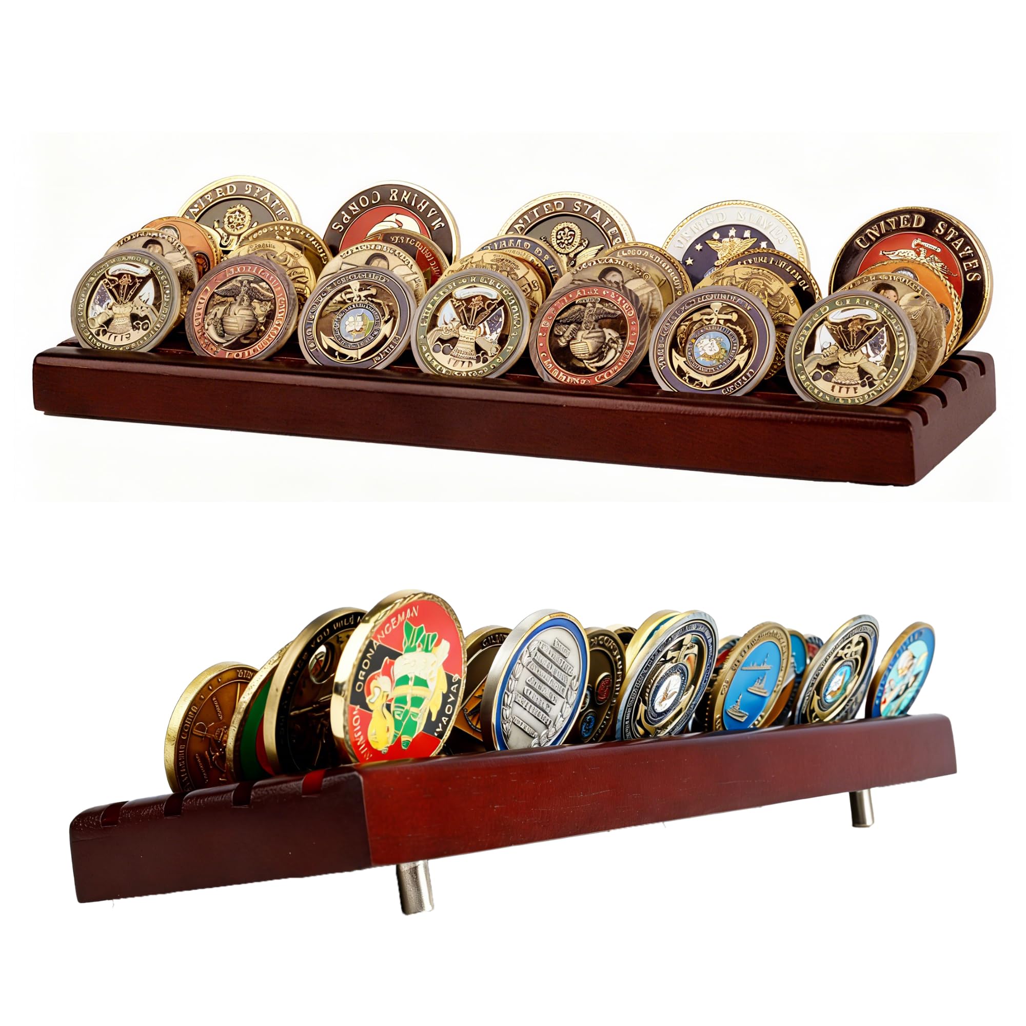 DisplayGifts Challenge Coin Display Stand, 4 Row Wooden Holder Rack Case (Mahogany - Style 2 -4 Rows)