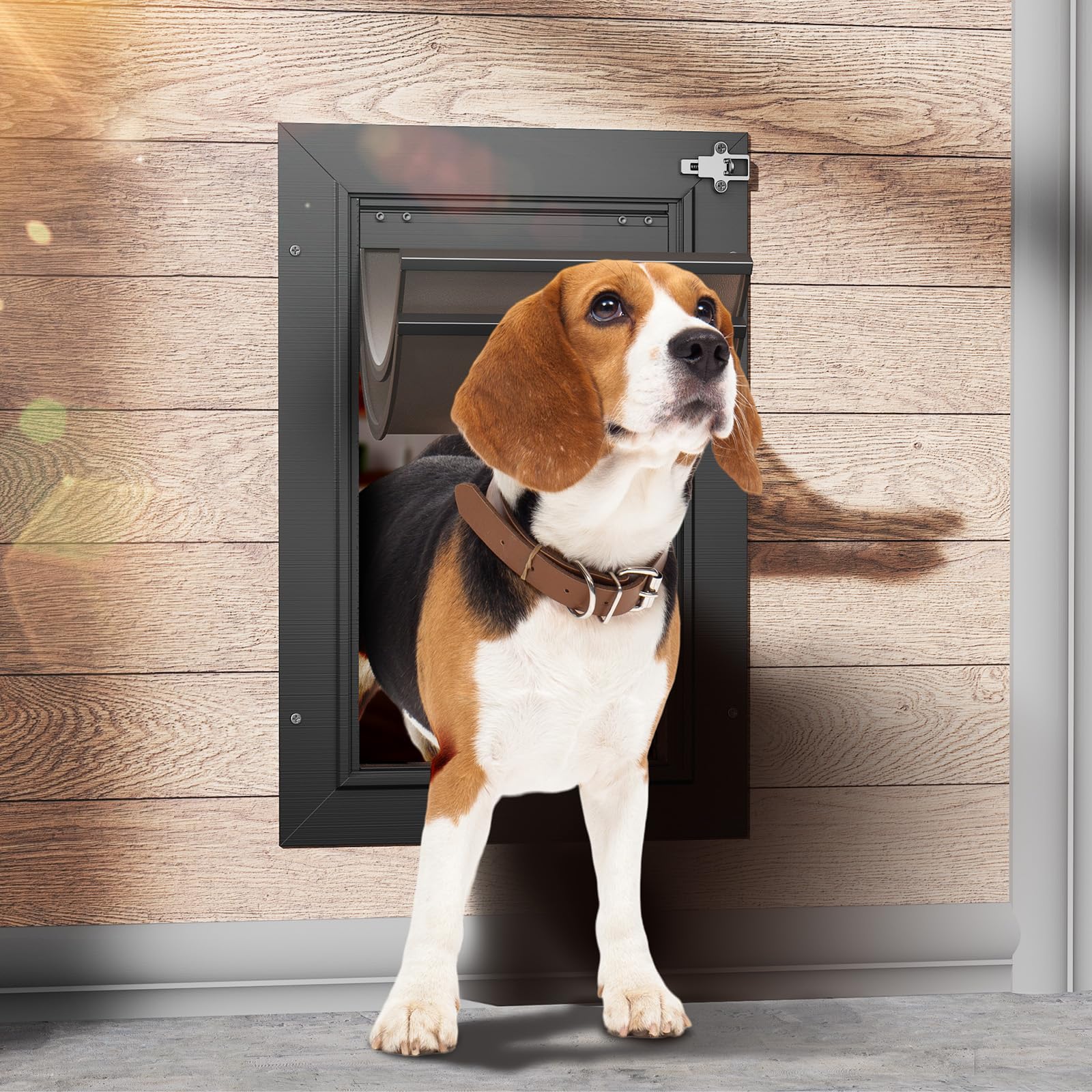 dog door for wall, medium doggy door, all aluminum frame and double flaps, easy to install, strong and durable(pets up to 45 lb), extra wide telescoping tunnel for interior & exterior walls-black/m