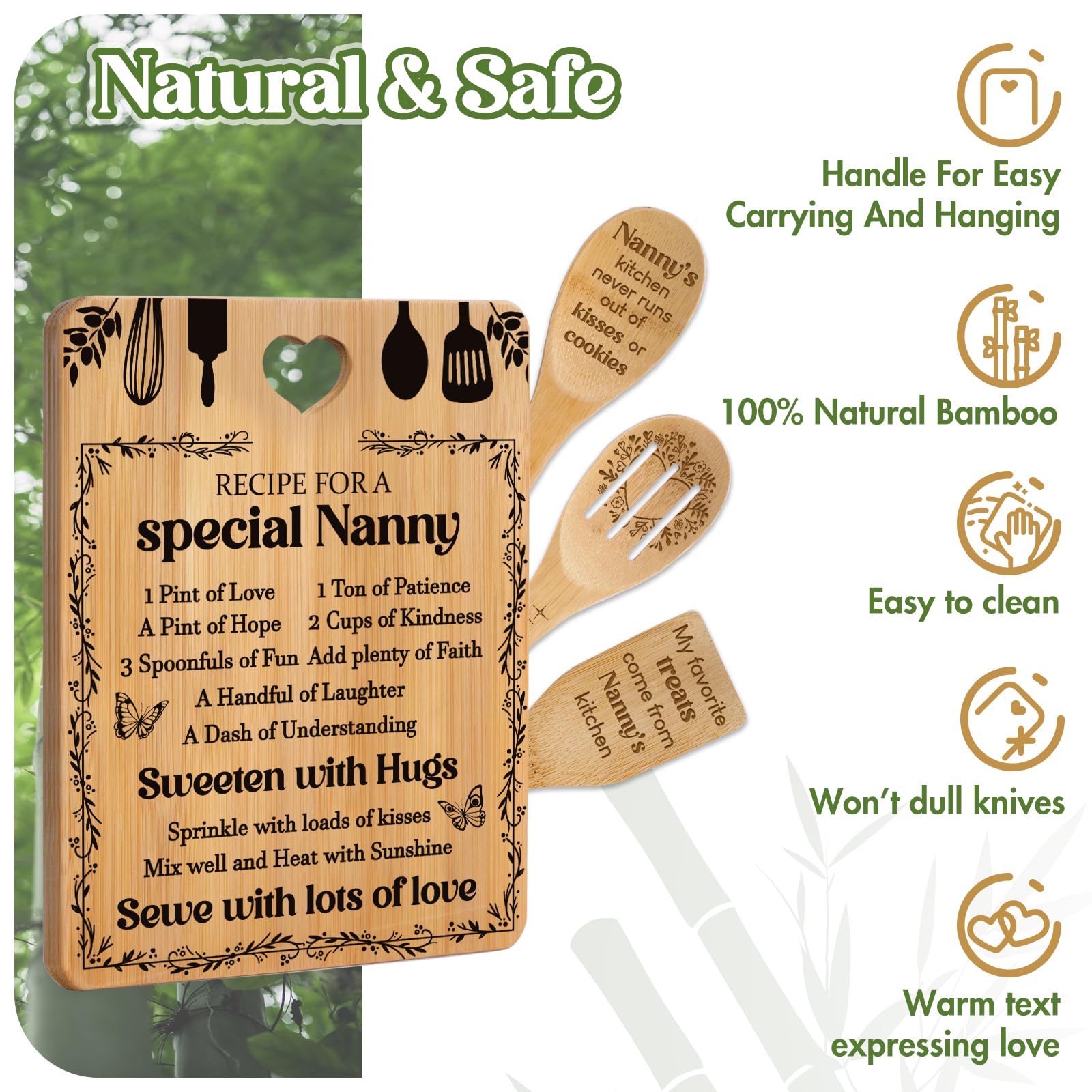 Gifts for Nanny - "Recipe for a Special Nanny" Nanny Gifts Cutting Board Set, Bamboo-Made Engraved Utensil Set Nanny Gifts for Grandma, Mothers Day Gifts for Nanny