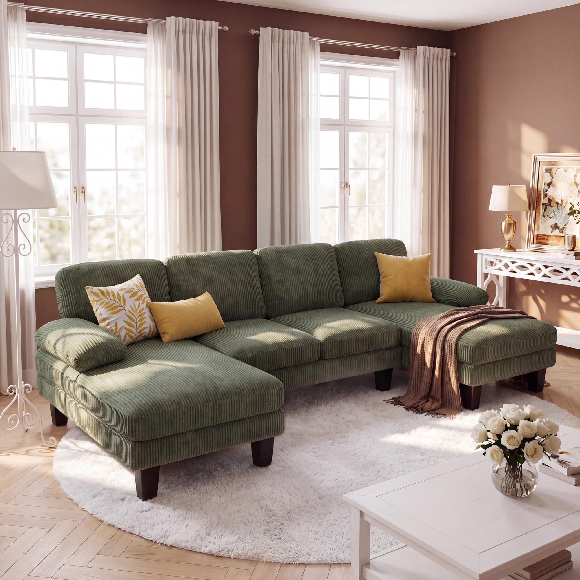 Furmax Sectional Couches for Living Room, Corduroy, Dark Green