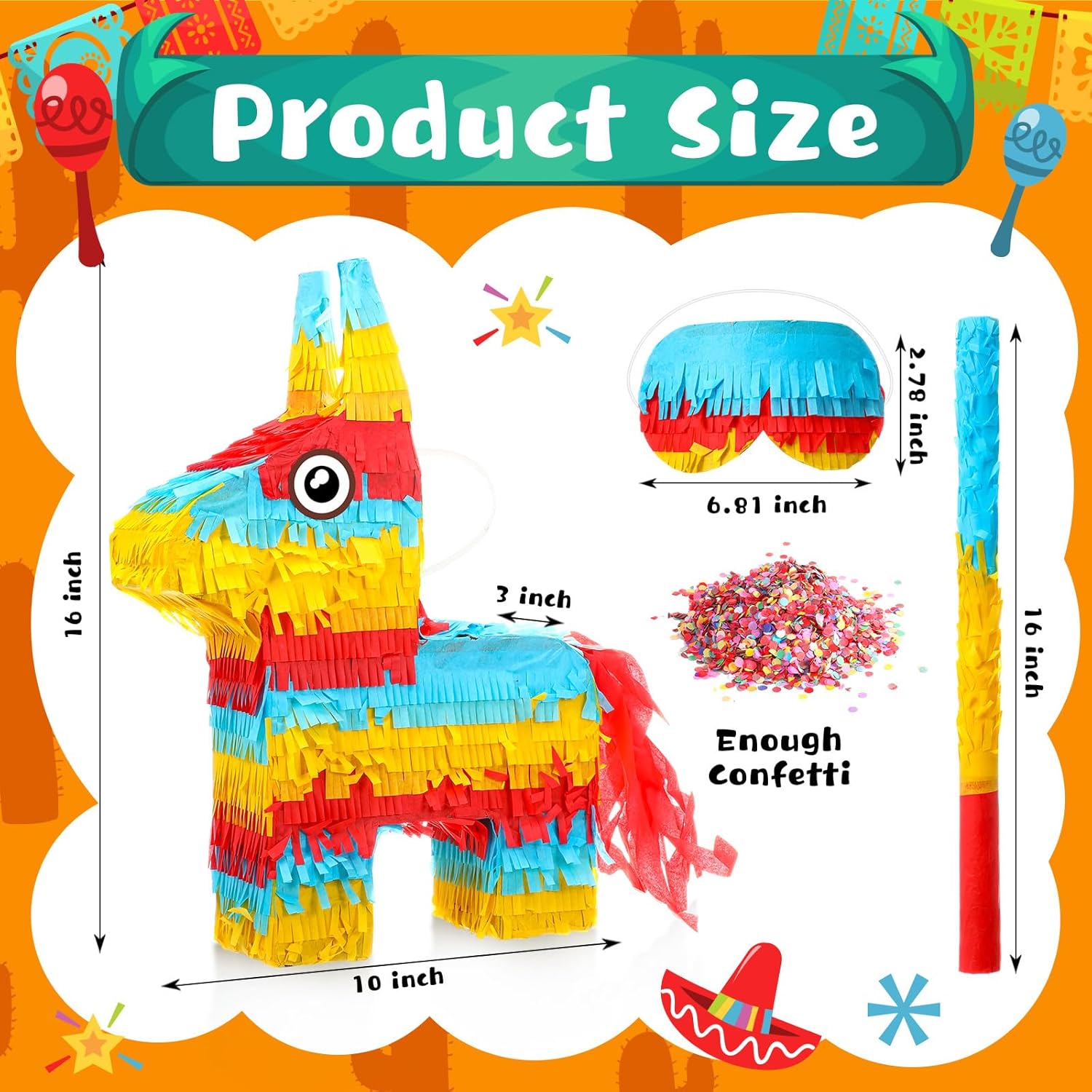 Lenwen Donkey Piata 16 x 10 x 3 Inch Bundle With Stick, Blindfold and Confetti for Mexican Fiesta, Kids Birthday, Cinco De Mayo Party Favors Decor - Rainbow Design
