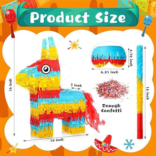 Miniatura 2 de Lenwen Piñata de burro de 16 x 10 x 3 pulgadas, paquete de piñata de burro para fiesta con palo y confeti, piñata mexicana de burro arcoíris para