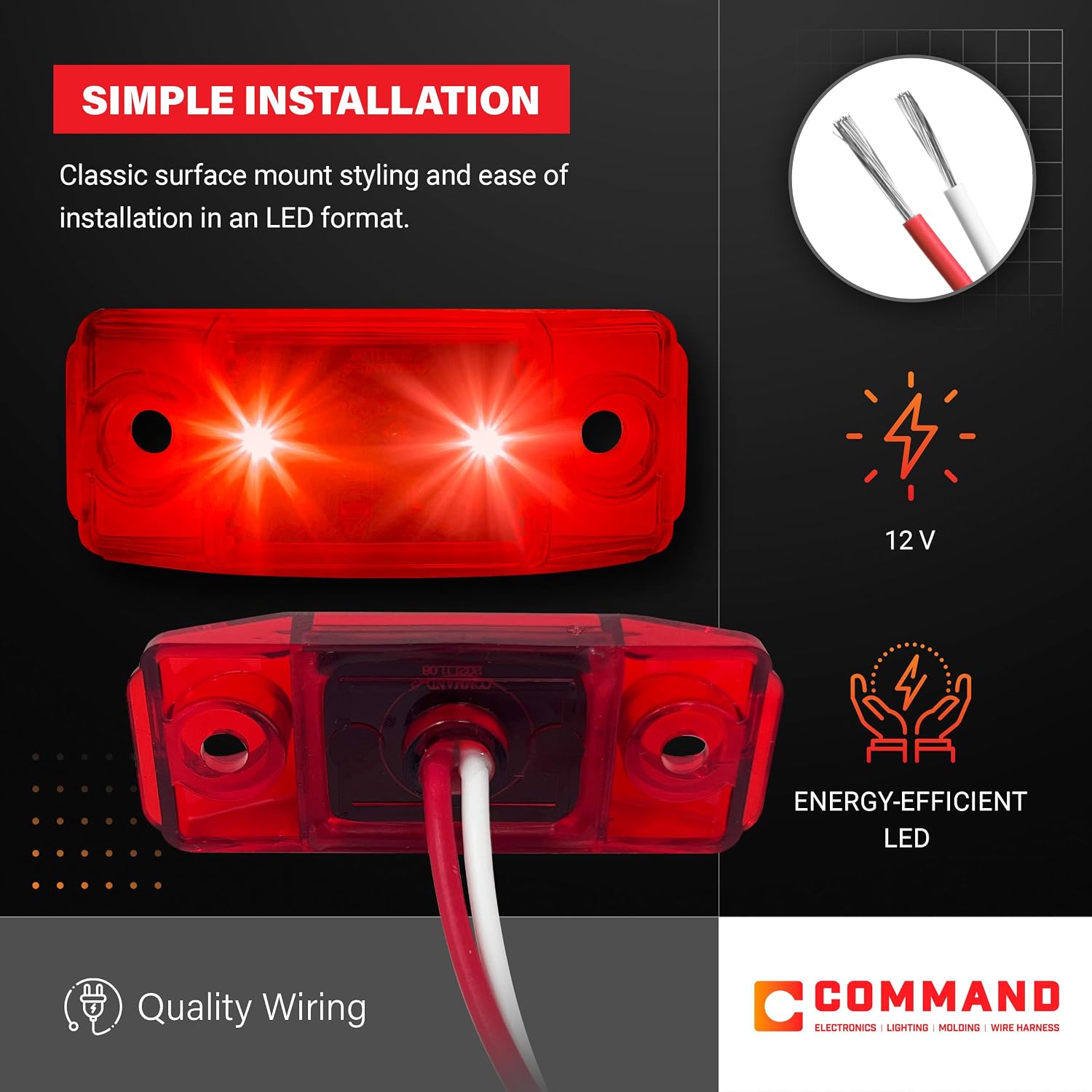 Command Electronics 12V LED Surface Mount Clearance Light - Modern OEM RV Truck and Trailer Side Marker - Sealed Polycarbonate Lens - CSA Certified - Hardware & Connectors Included | Red (2 Pack) image 3