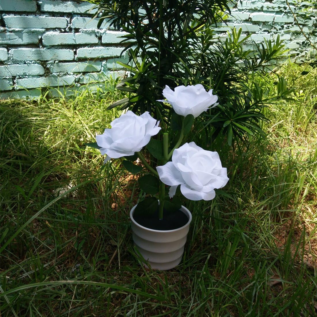LED Solar Power Decorative Artificial Rose Flower Pot Plant Landscape Light Night Lamp Outdoor Garden Yard Pathway Lawn Grassland White