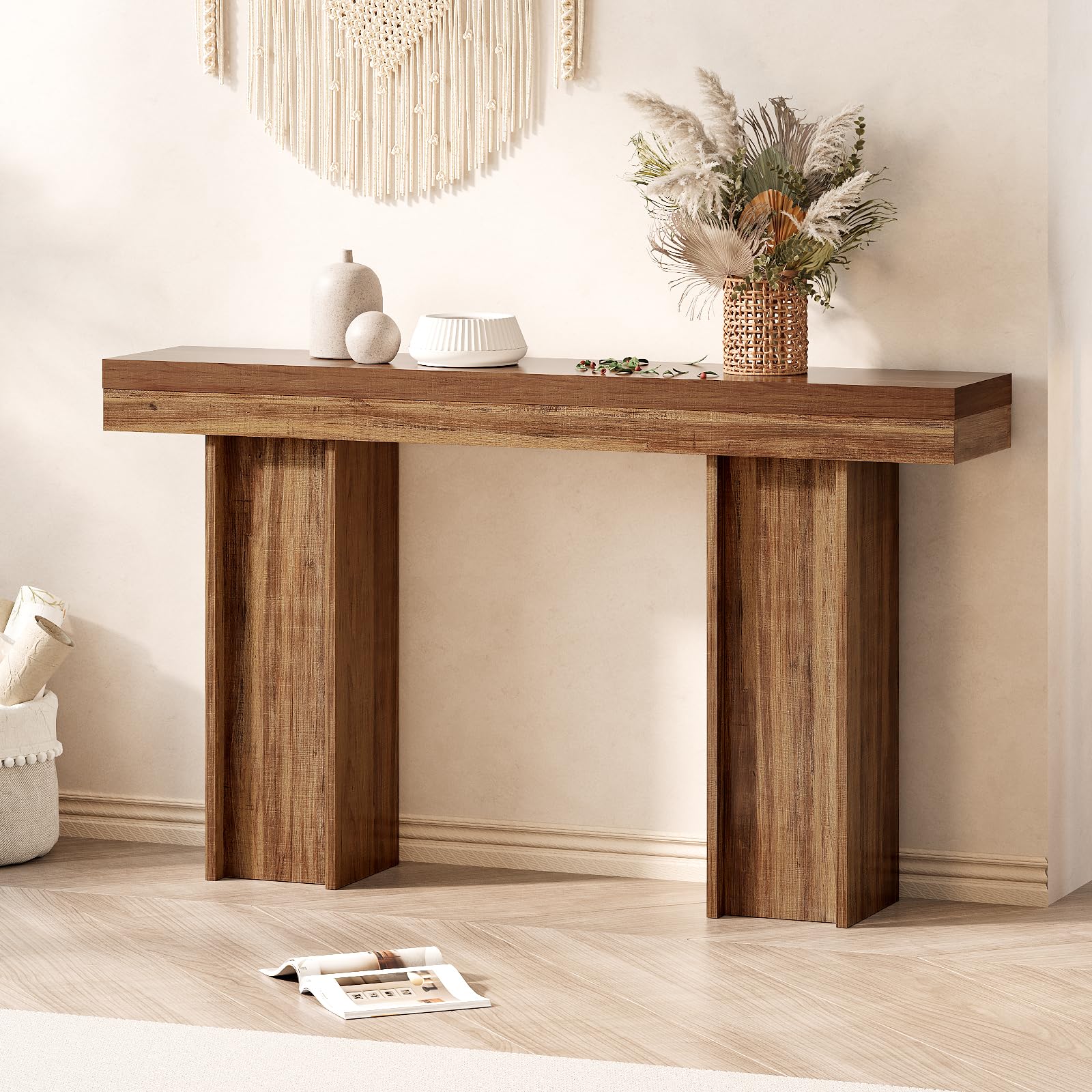Mesa consola de granja de 55 pulgadas, mesa rectangular de madera para sofá detrás del sofá, mesa consola de entrada con almacenamiento para sala de estar, pasillo, entrada (marrón claro) 7
