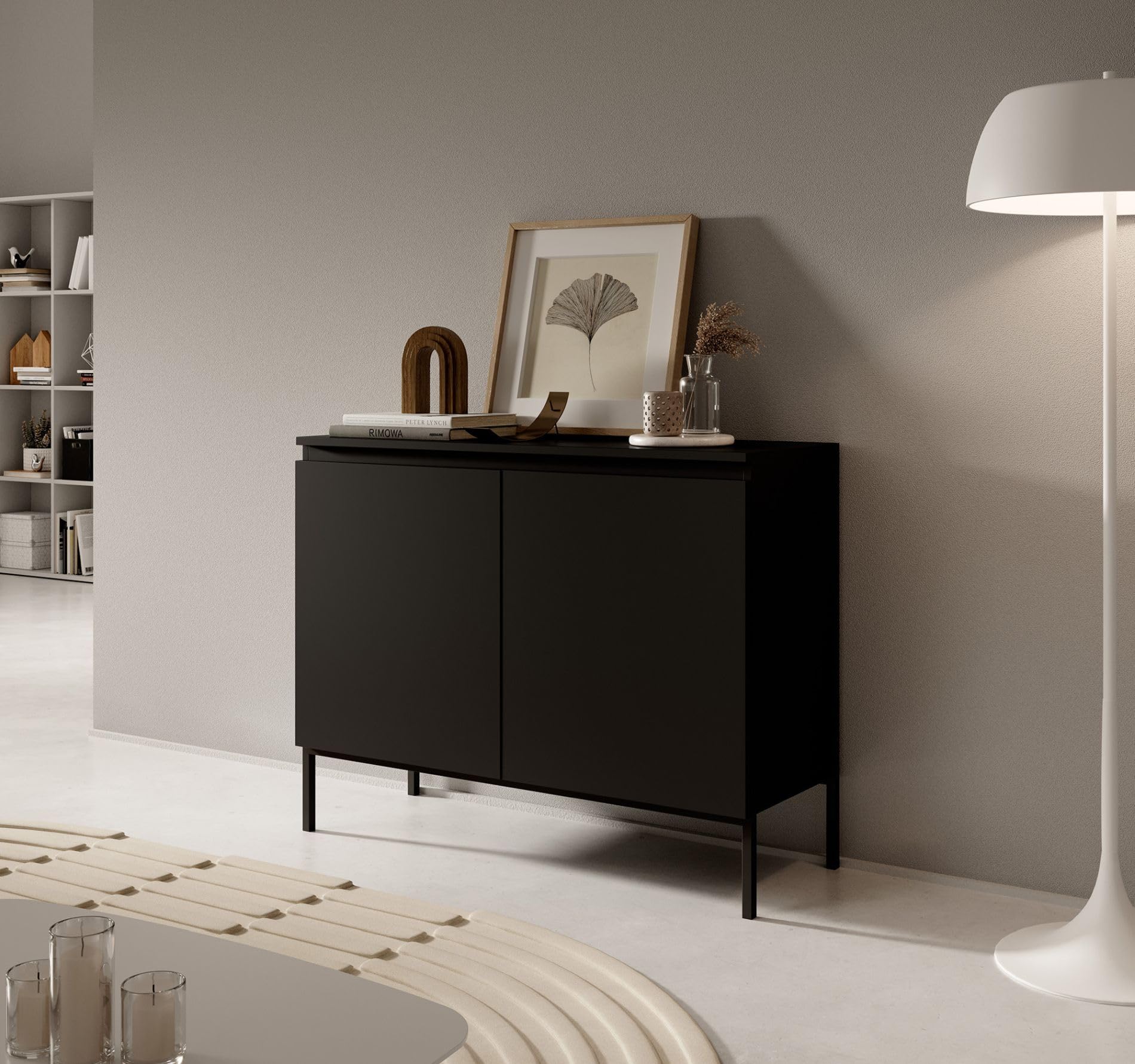 Selsey Kommode Schrank Aufbewahrungsschrank 100 cm 2 Türen 4 Fächer Schwarz Schwarze Beine Bemmi