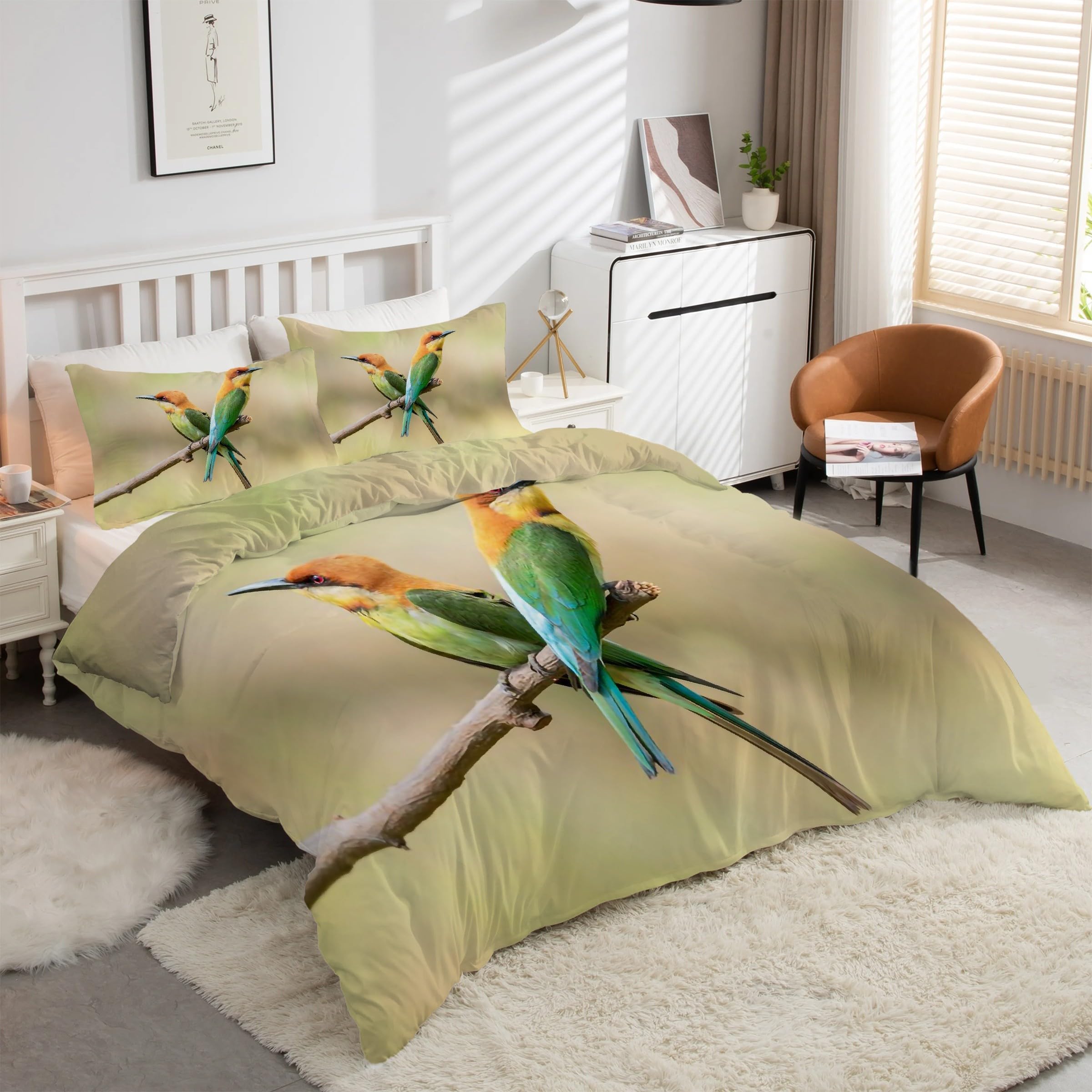 Parure de lit 90x190 oiseaux et animaux en microfibre douce avec 2 taies d'oreiller