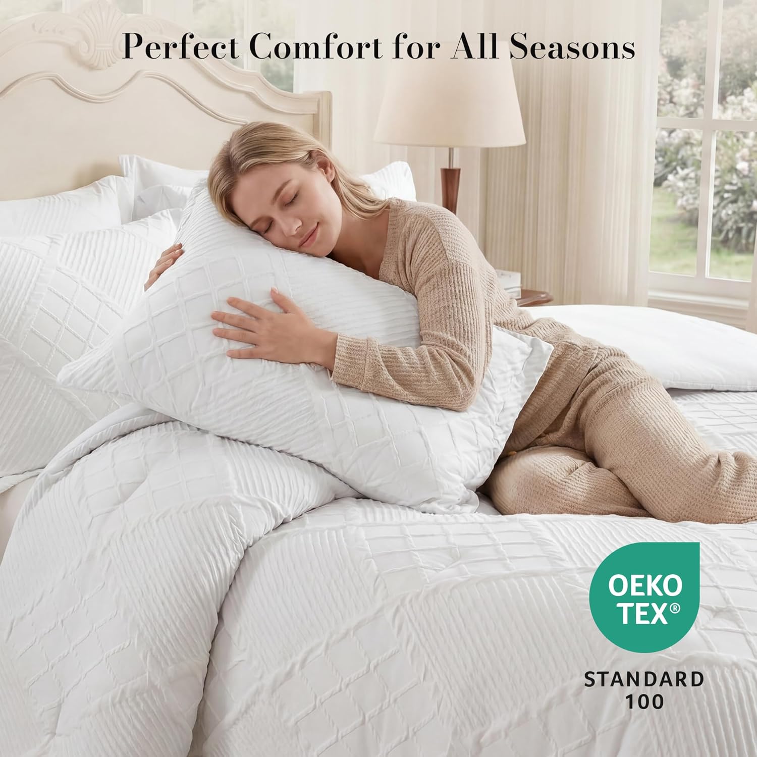 Amélie Home King Comforter Set, 3 Piece White Jacquard Bedding Set with 2 Pillow Cases, Soft Microfiber Diamond Design, Lightweight All-Season for Bedroom & Dorm